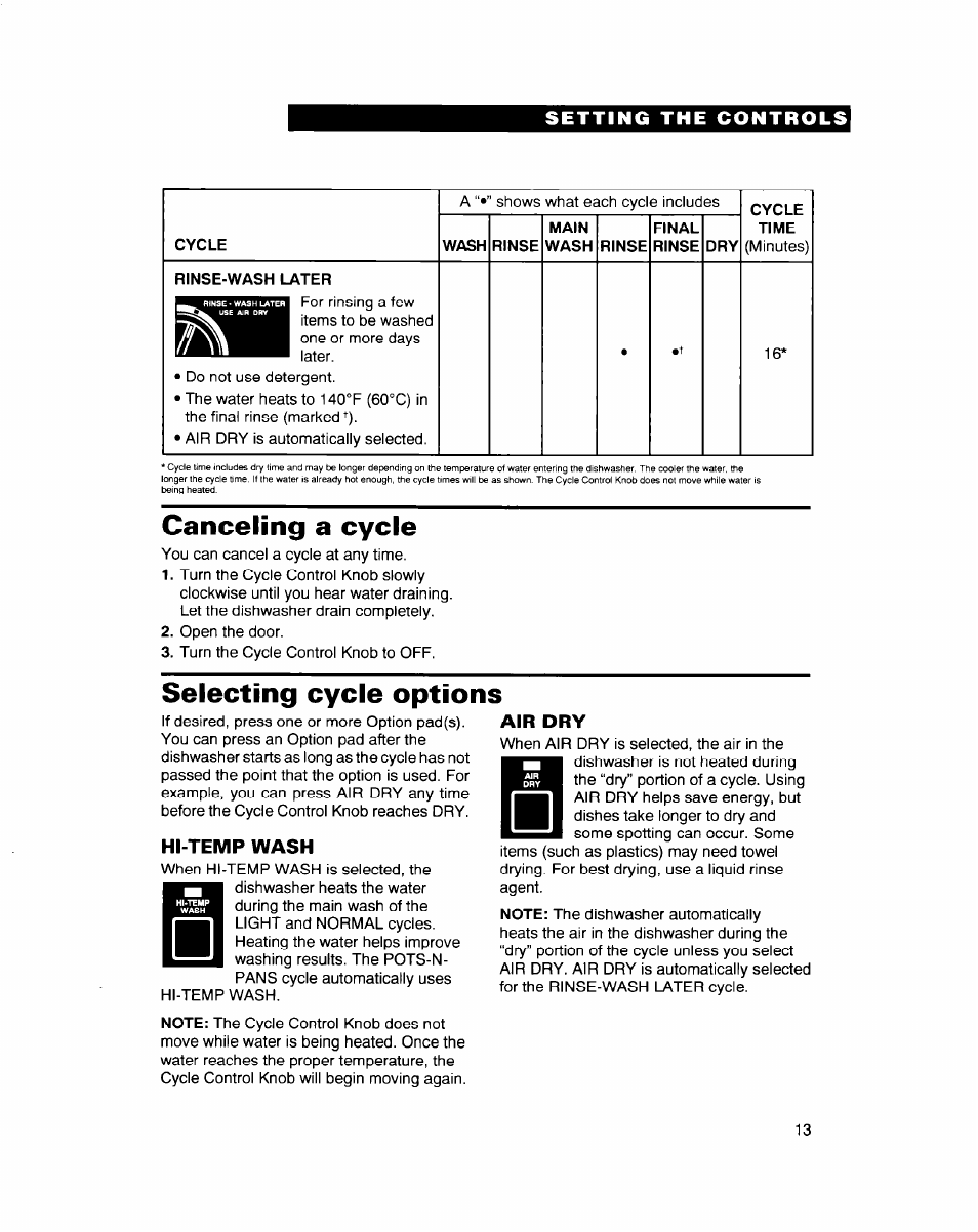 Canceling a cycle, Selecting cycle options, Hi-temp wash | Air dry, Canceling a cycle selecting cycle options | Whirlpool 900 Series User Manual | Page 13 / 25