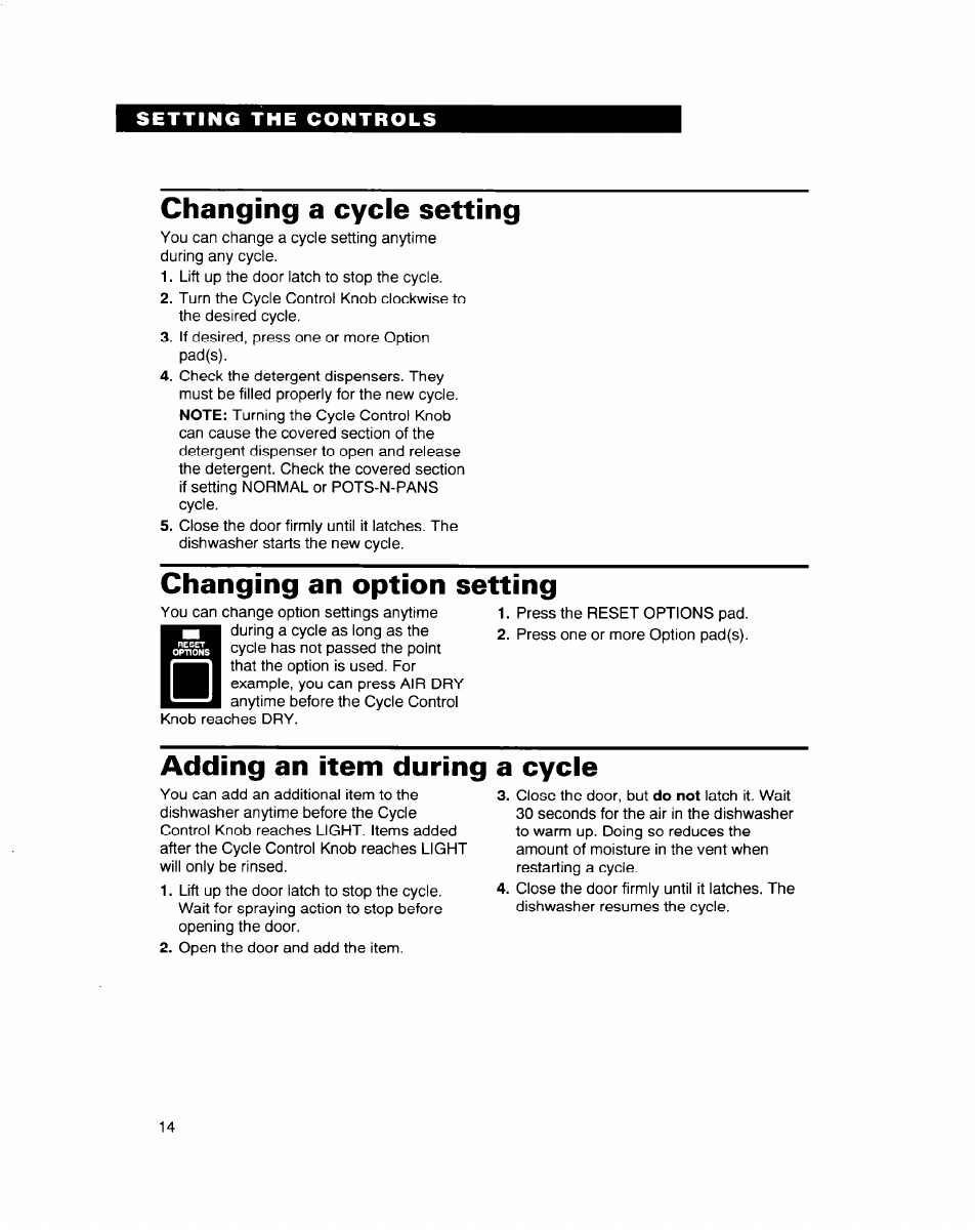 Changing a cycle setting, Changing an option setting, Adding an item during a cycle | Whirlpool 900 Series User Manual | Page 14 / 25