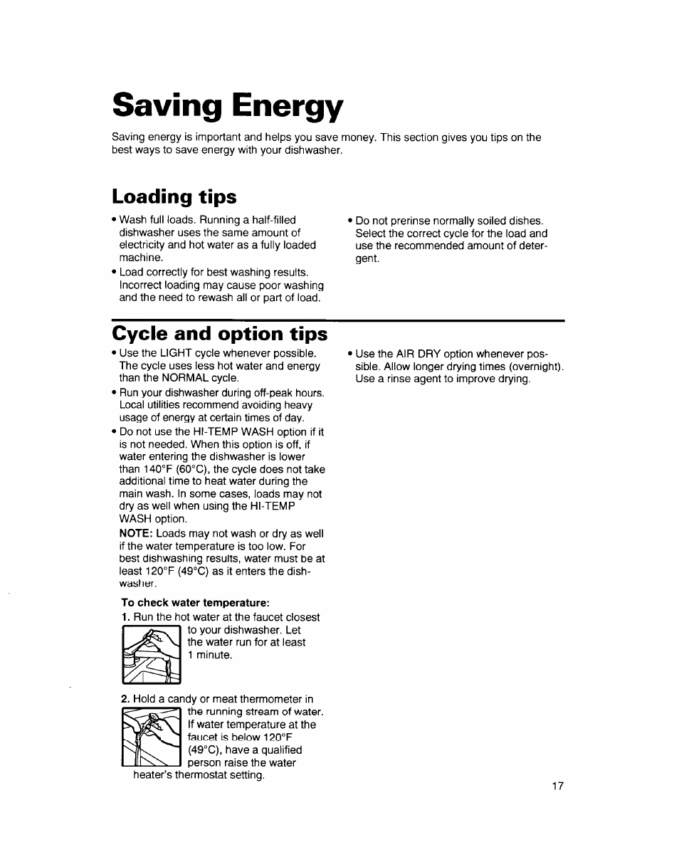 Saving energy, Loading tips, Cycle and option tips | Whirlpool 900 Series User Manual | Page 17 / 25