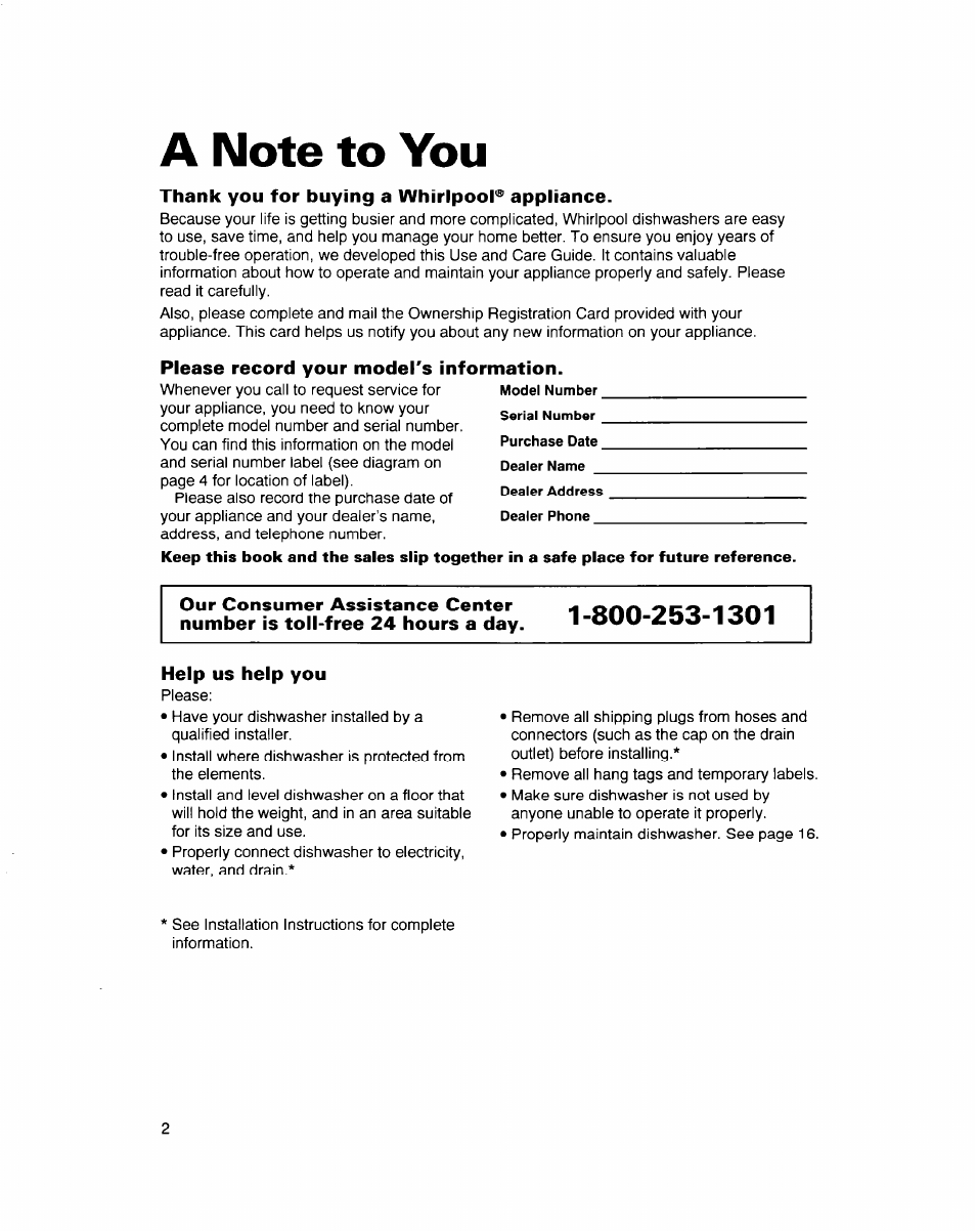 A note to you, Thank you for buying a whirlpool® appliance, Please record your model's information | Help us help you | Whirlpool 900 Series User Manual | Page 2 / 25
