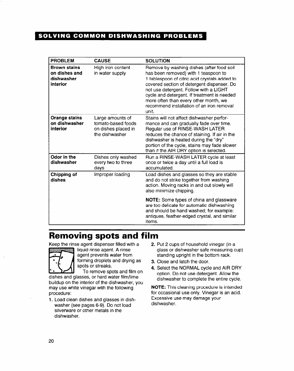 Removing spots and film | Whirlpool 900 Series User Manual | Page 20 / 25