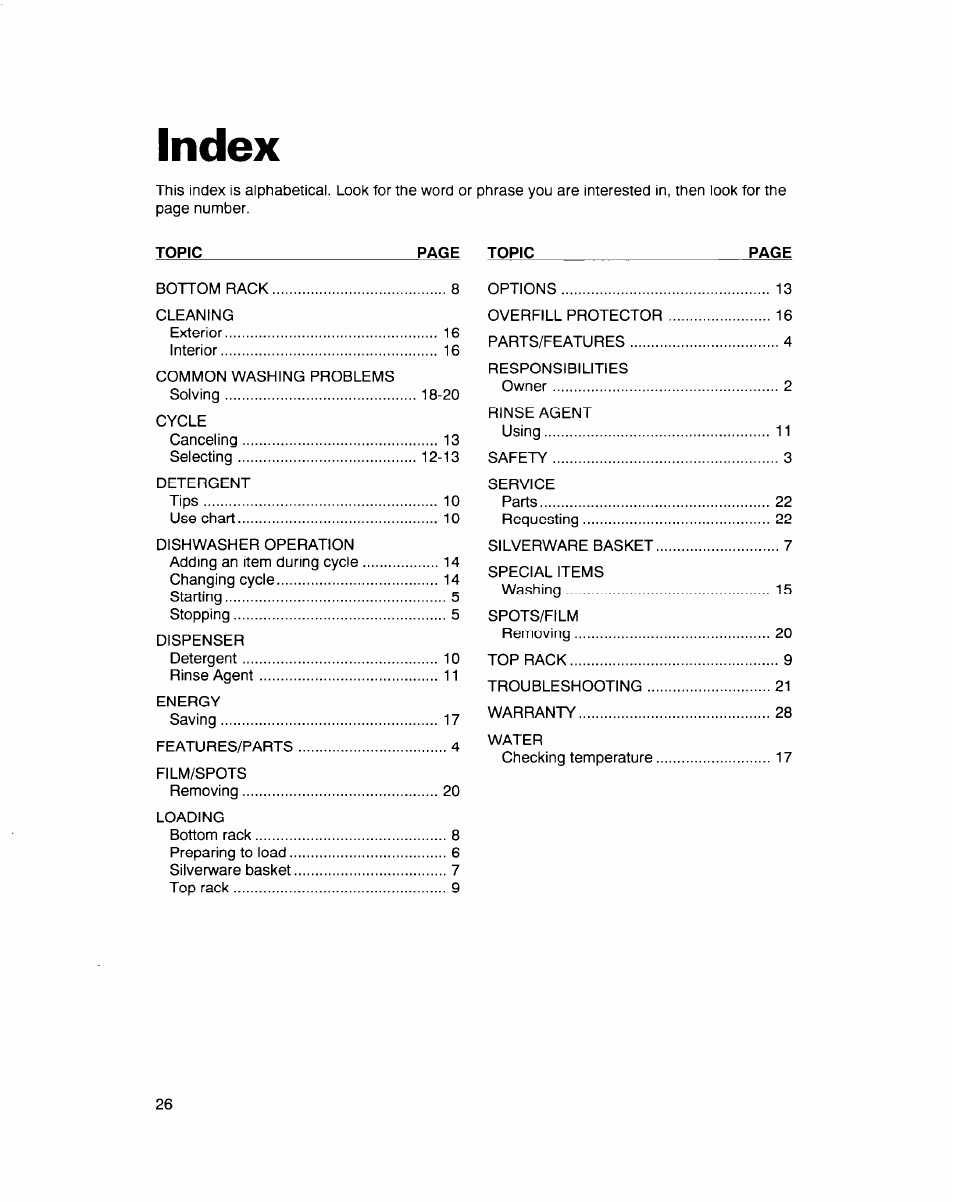 Index, Topic | Whirlpool 900 Series User Manual | Page 23 / 25