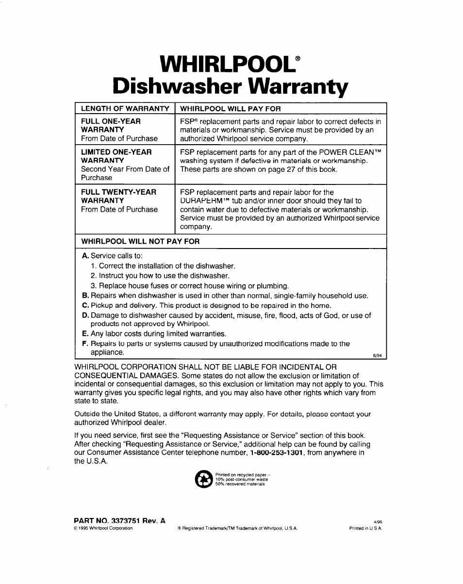 Whirlpool^ dishwasher warranty, Part no. 3373751 rev. a | Whirlpool 900 Series User Manual | Page 25 / 25