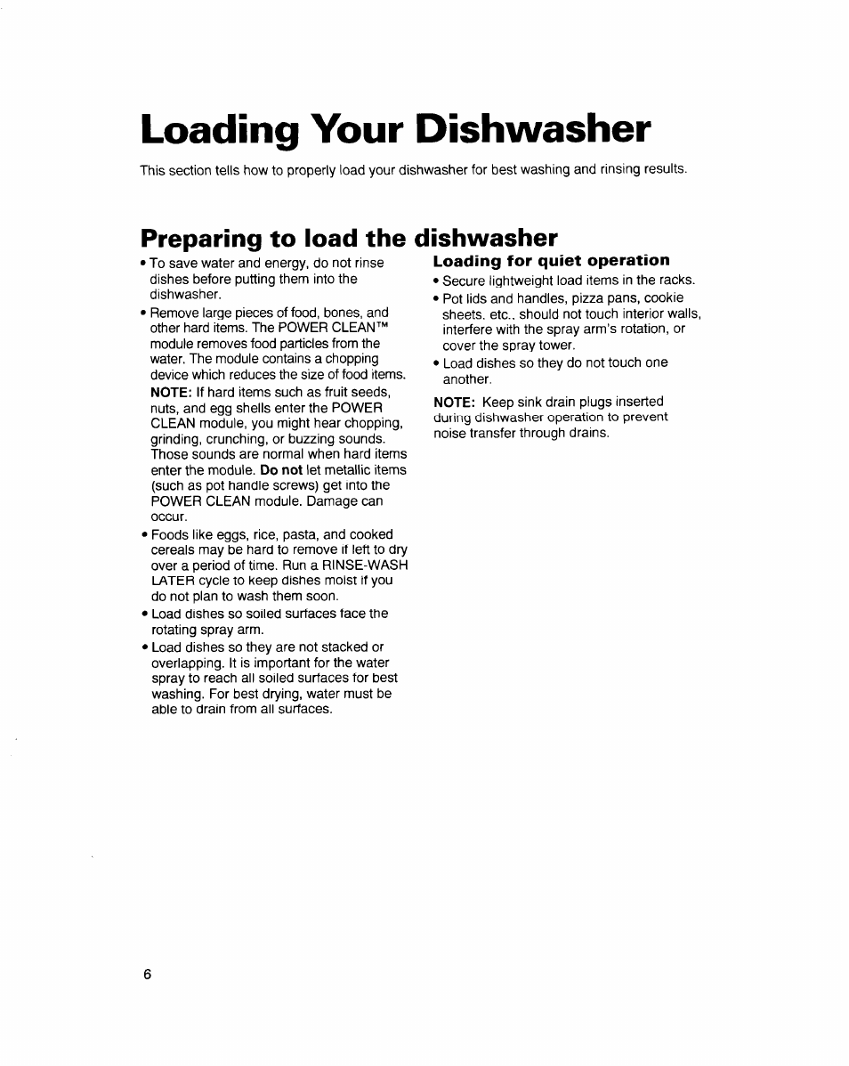 Preparing to load the dishwasher, Loading for quiet operation, Loading your dishwasher | Whirlpool 900 Series User Manual | Page 6 / 25