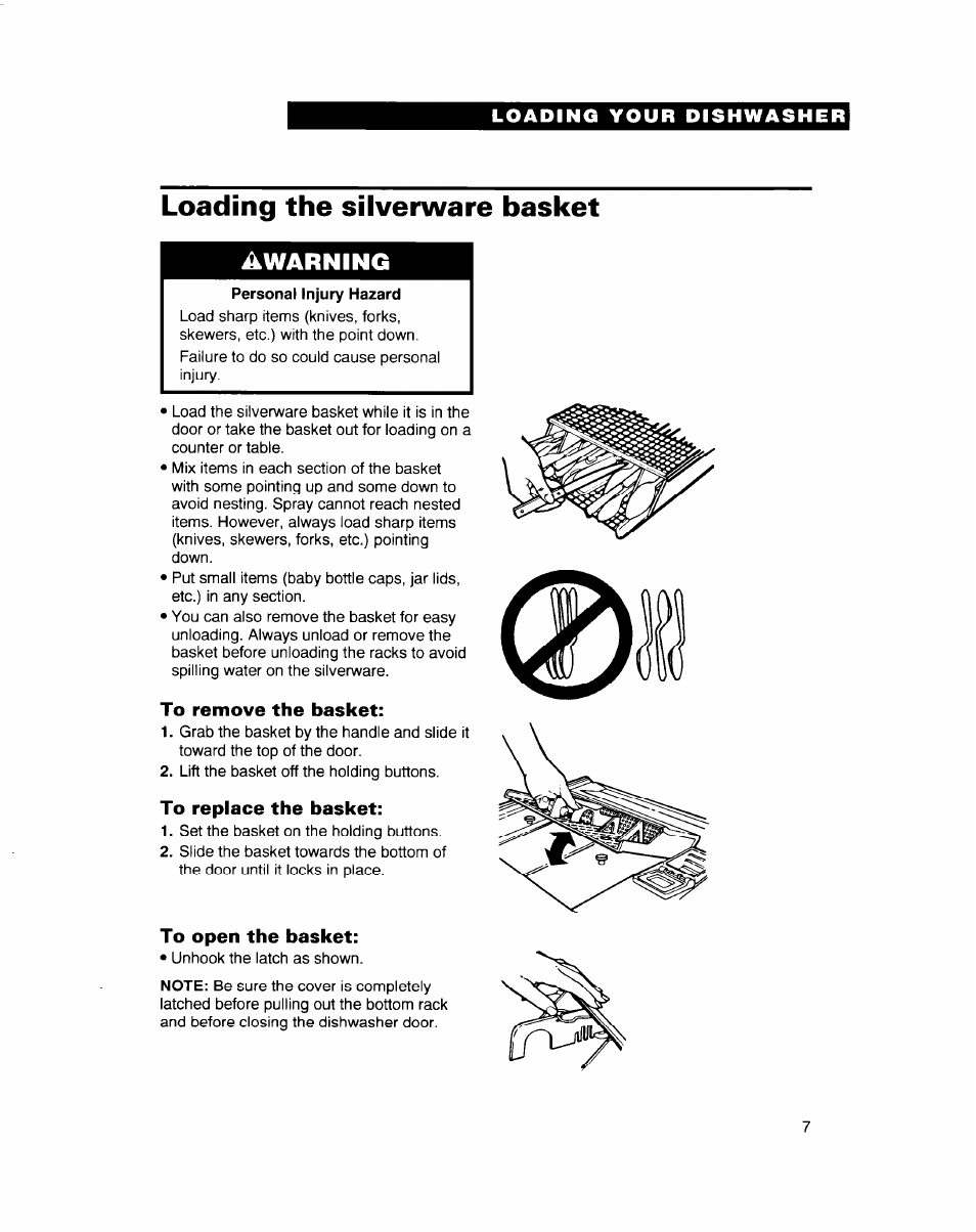 Loading the silverware basket, To remove the basket, To replace the basket | To open the basket, Warning | Whirlpool 900 Series User Manual | Page 7 / 25