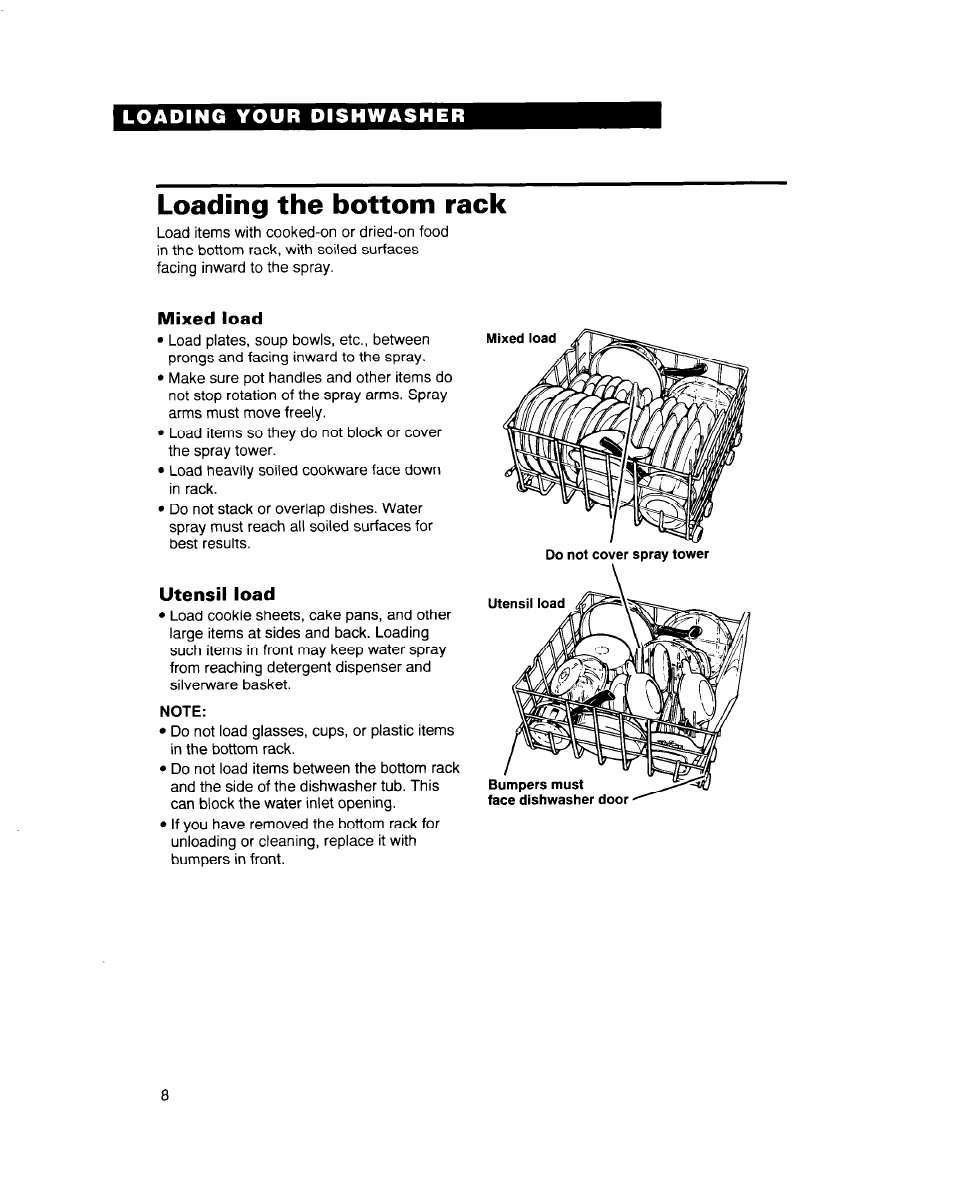 Loading the bottom rack, Mixed load, Utensil load | Note | Whirlpool 900 Series User Manual | Page 8 / 25