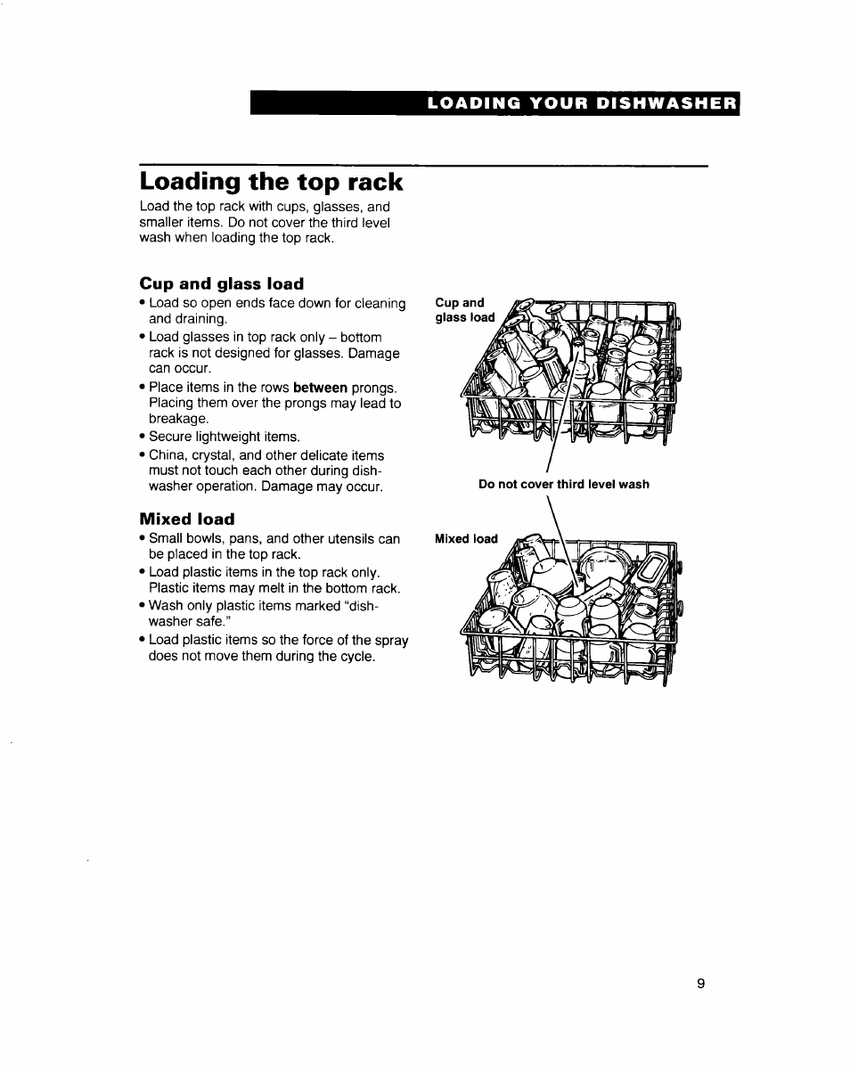 Loading the top rack, Cup and glass load, Mixed load | Whirlpool 900 Series User Manual | Page 9 / 25