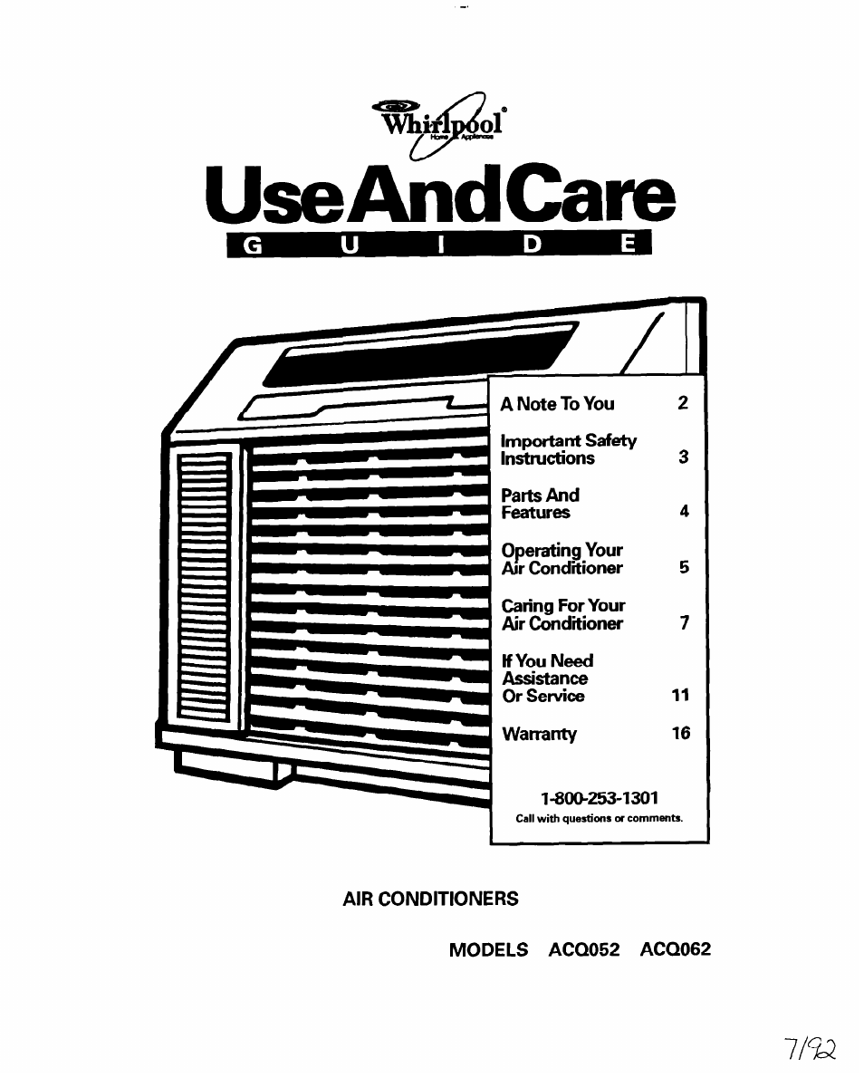 Whirlpool AC0052 User Manual | 16 pages