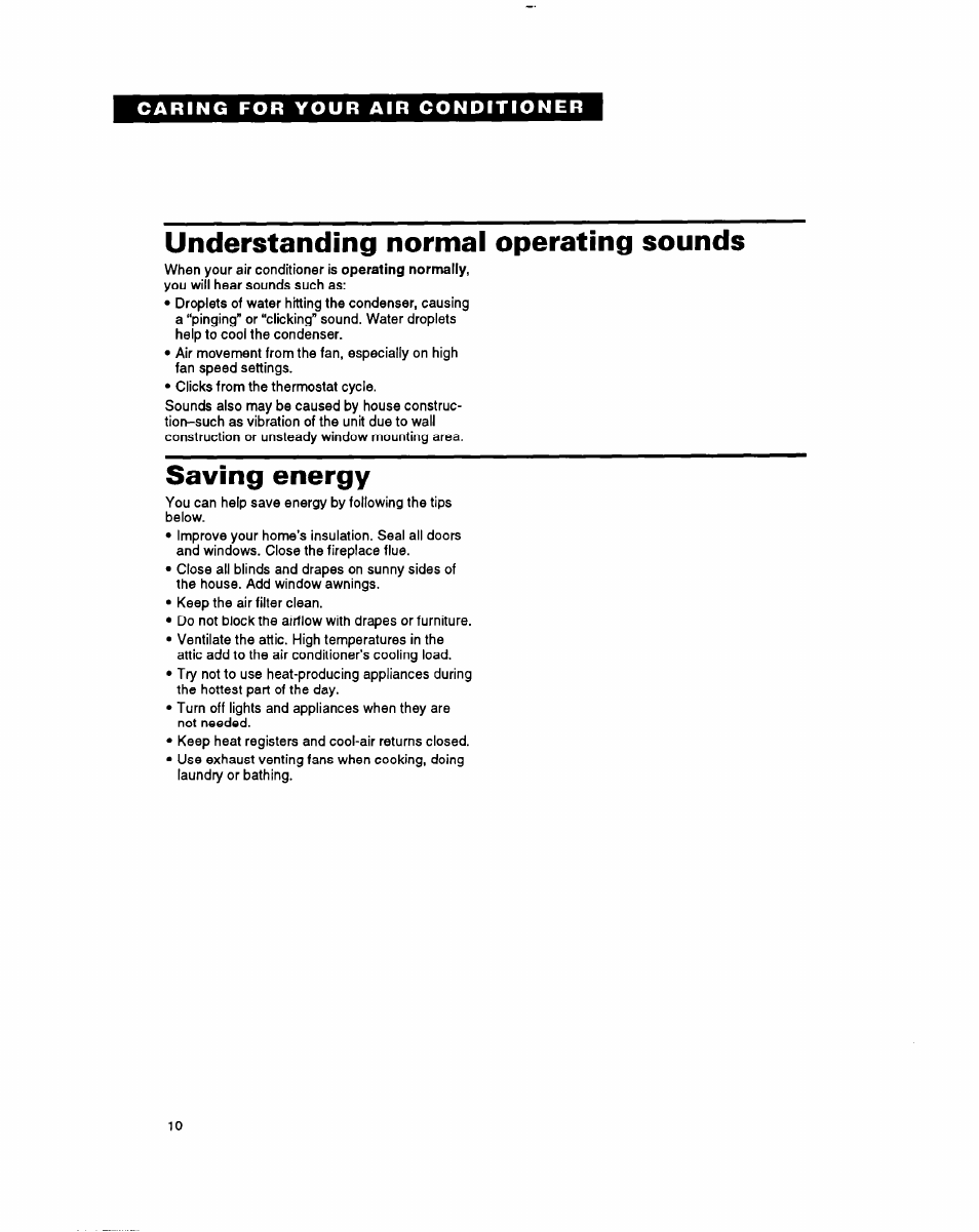 Understanding normal operating sounds, Saving energy | Whirlpool AC0052 User Manual | Page 10 / 16
