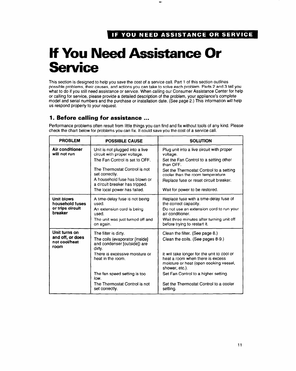 Before calling for assistance, If you need assistance or service | Whirlpool AC0052 User Manual | Page 11 / 16