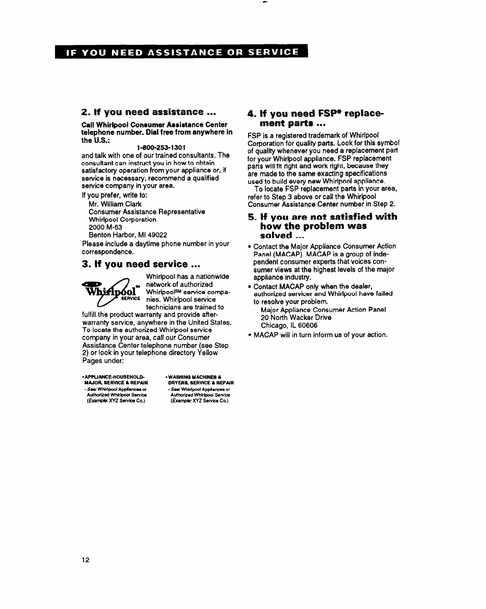 If you need assistance, If you need service, If you need fsp* replacement parts | If you need fsp* replace­ ment parts | Whirlpool AC0052 User Manual | Page 12 / 16