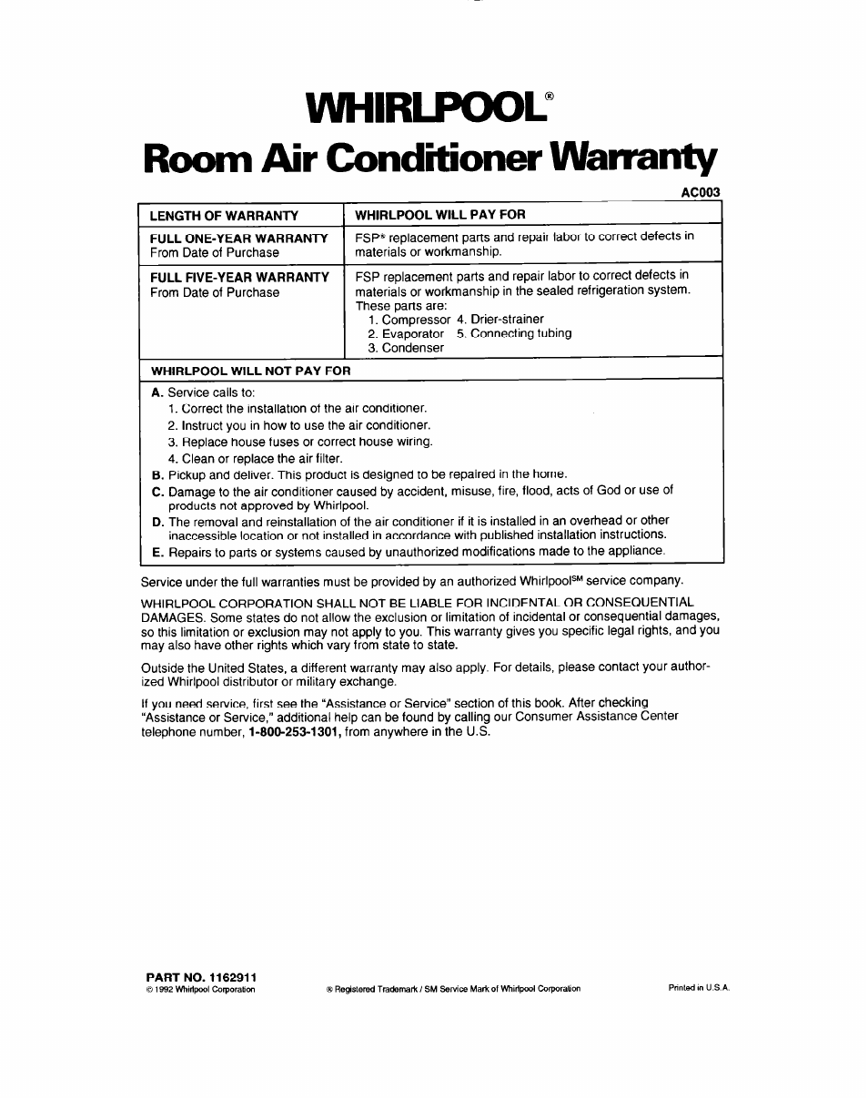 Part no. 1162911, Whirlpool.' room air condhioner wananty | Whirlpool AC0052 User Manual | Page 16 / 16