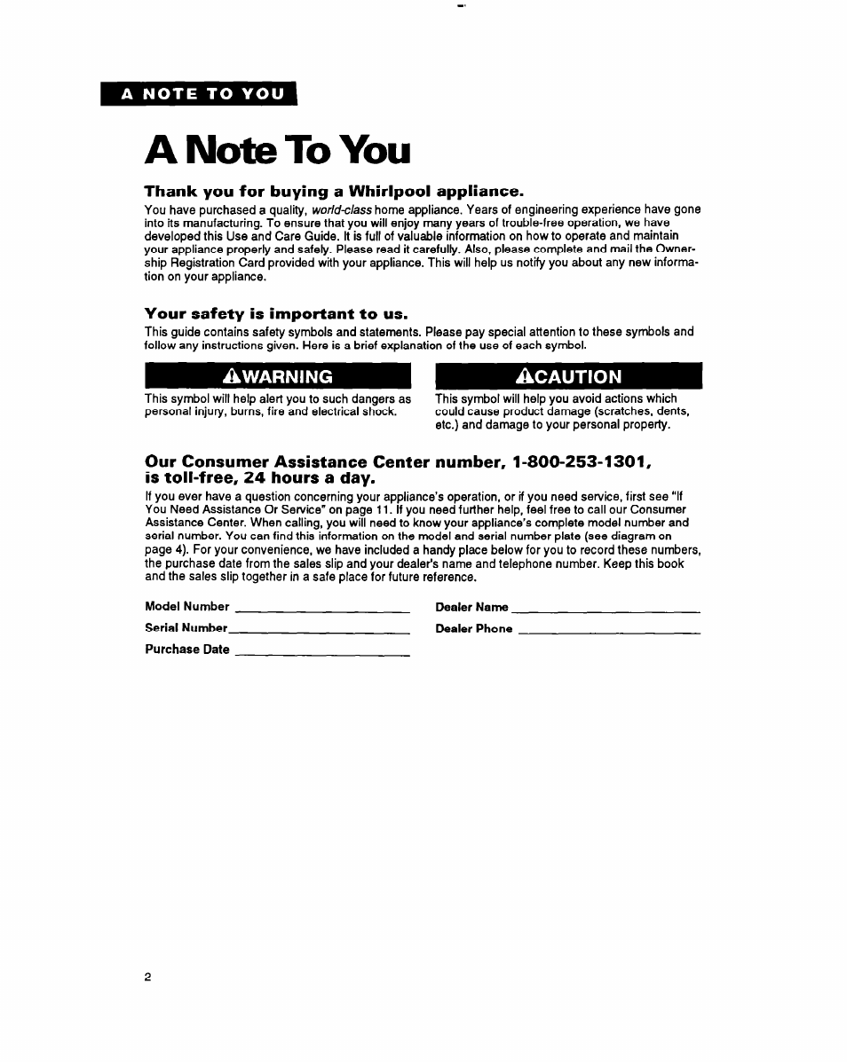 A note to you, Thank you for buying a whirlpool appliance, Your safety is important to us | Acaution | Whirlpool AC0052 User Manual | Page 2 / 16