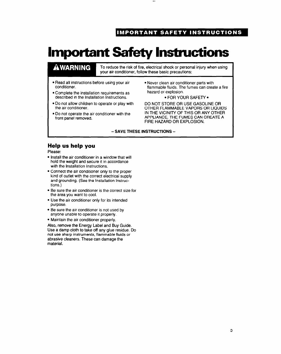 Important safety instructions, Save these instructions, Help us help you | Warning | Whirlpool AC0052 User Manual | Page 3 / 16