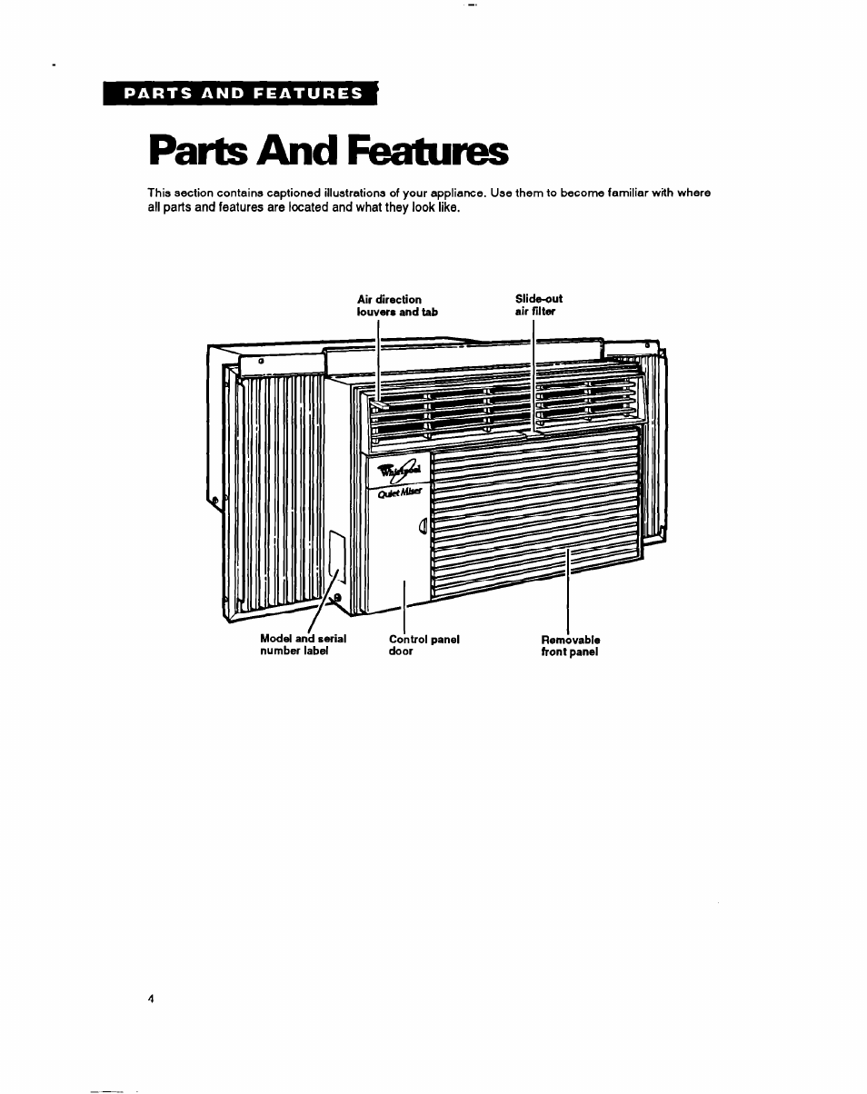 Parts and features | Whirlpool AC0052 User Manual | Page 4 / 16