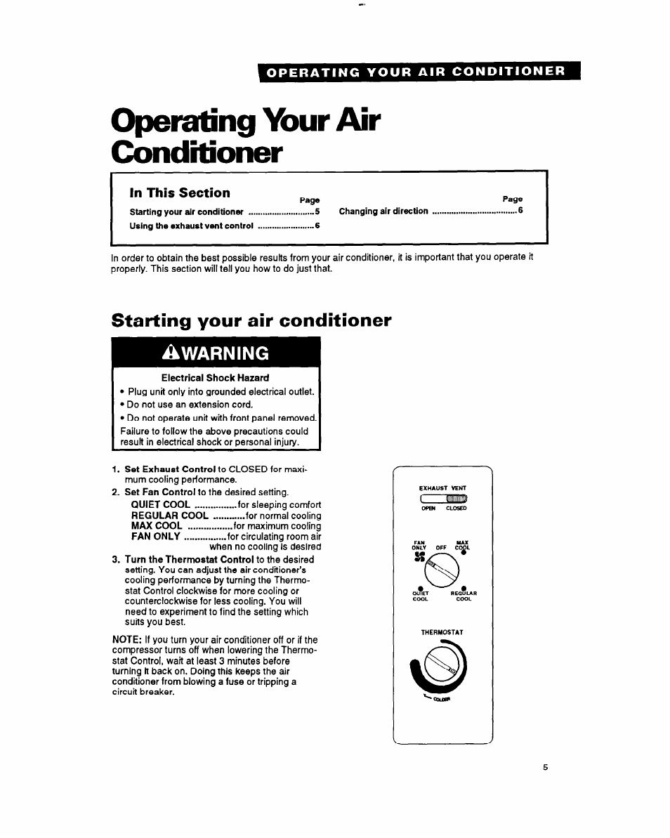 In this section, Starting your air conditioner, Operating y)ur air conditioner | A warning | Whirlpool AC0052 User Manual | Page 5 / 16