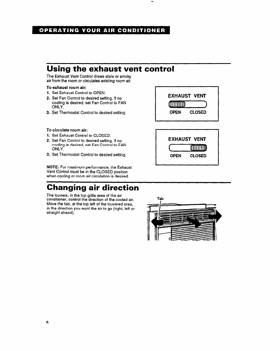 Changing air direction, Ihtmi), Using the exhaust vent control | Whirlpool AC0052 User Manual | Page 6 / 16