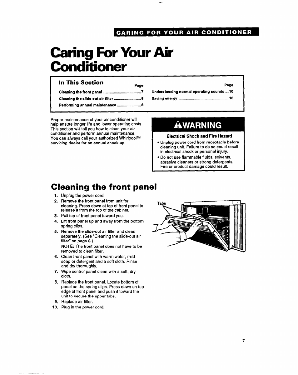 Electrical shock and fire hazard, Cleaning the front panel, Caring for your air conditioner | Warning | Whirlpool AC0052 User Manual | Page 7 / 16