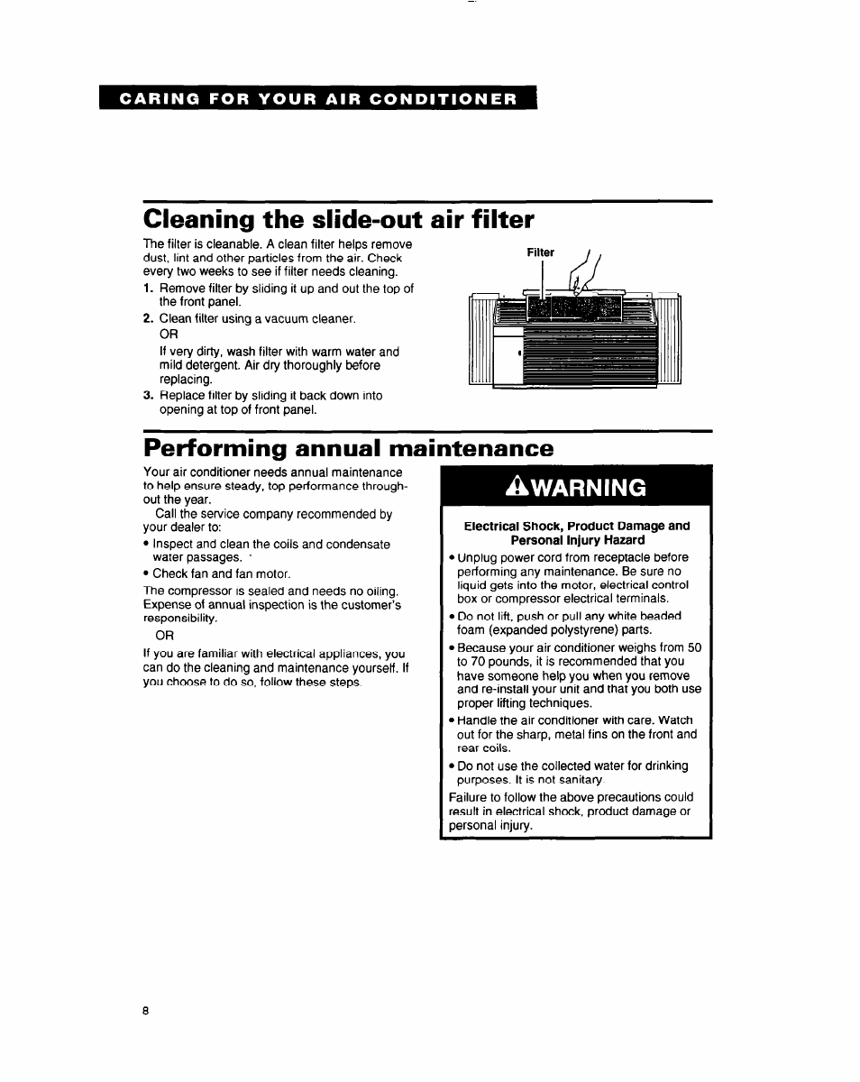 Cleaning the slide-out air filter, Performing annual maintenance, Warning | Whirlpool AC0052 User Manual | Page 8 / 16