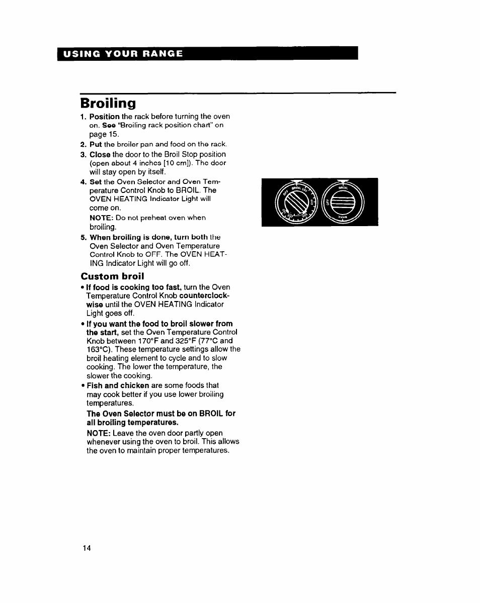 Broiling, Custom broil | Whirlpool FEP314B User Manual | Page 14 / 28
