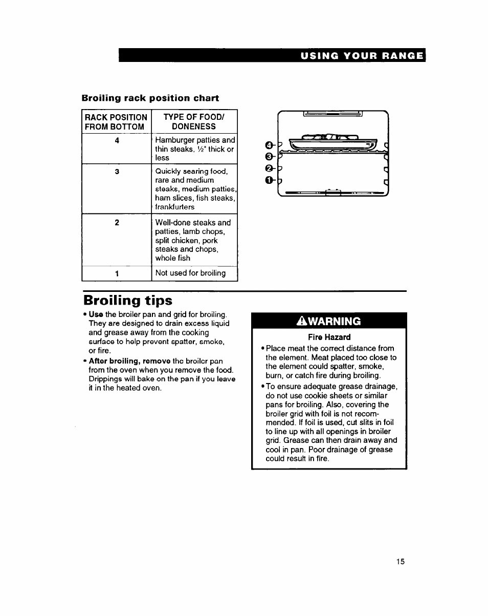 Broiling rack position chart, Broiling tips, Warning | Whirlpool FEP314B User Manual | Page 15 / 28