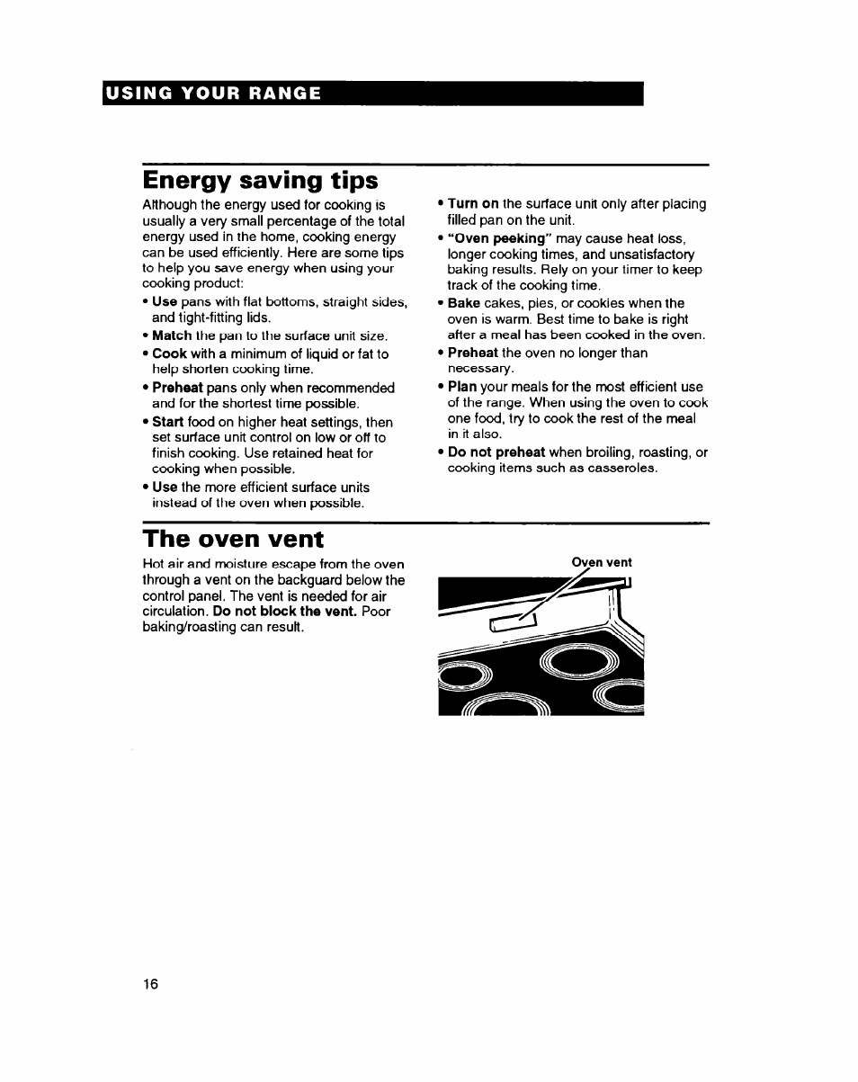 Energy saving tips, The oven vent | Whirlpool FEP314B User Manual | Page 16 / 28