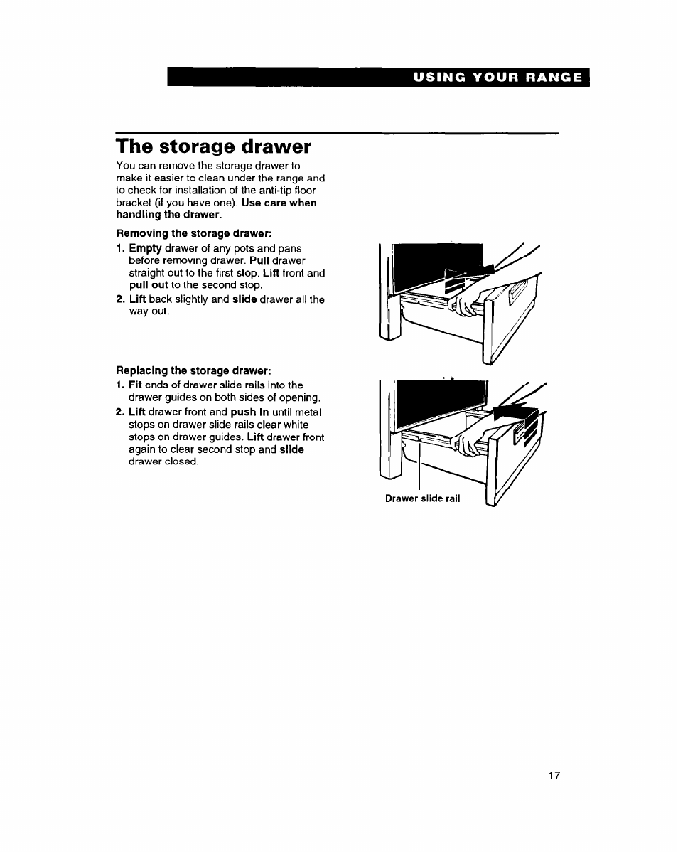 The storage drawer, Storage drawer | Whirlpool FEP314B User Manual | Page 17 / 28
