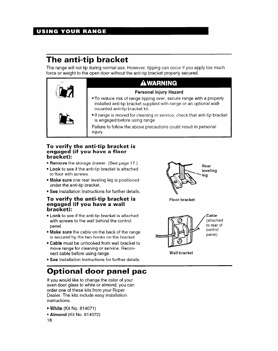 The anti-tip bracket, Optional door panel рас | Whirlpool FEP314B User Manual | Page 18 / 28