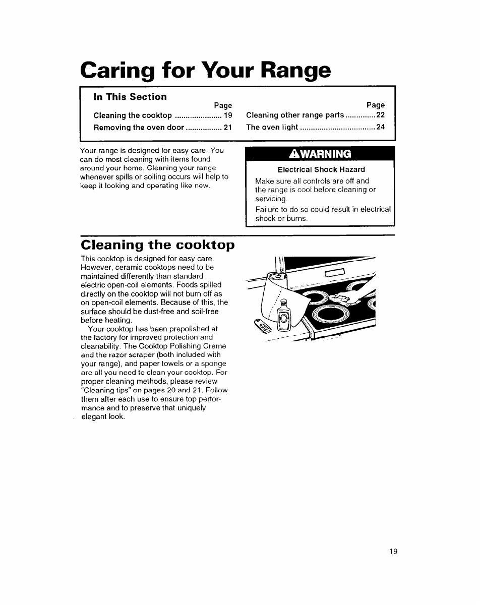 Caring for your range, Cleaning the cooktop, Awarning | Whirlpool FEP314B User Manual | Page 19 / 28