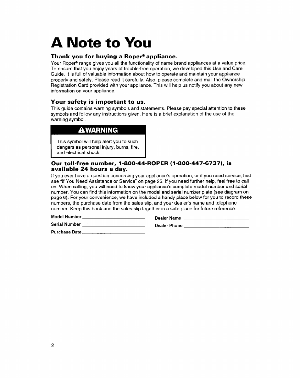 A note to you, Thank you for buying a roper® appliance, Your safety is important to us | Awarning | Whirlpool FEP314B User Manual | Page 2 / 28