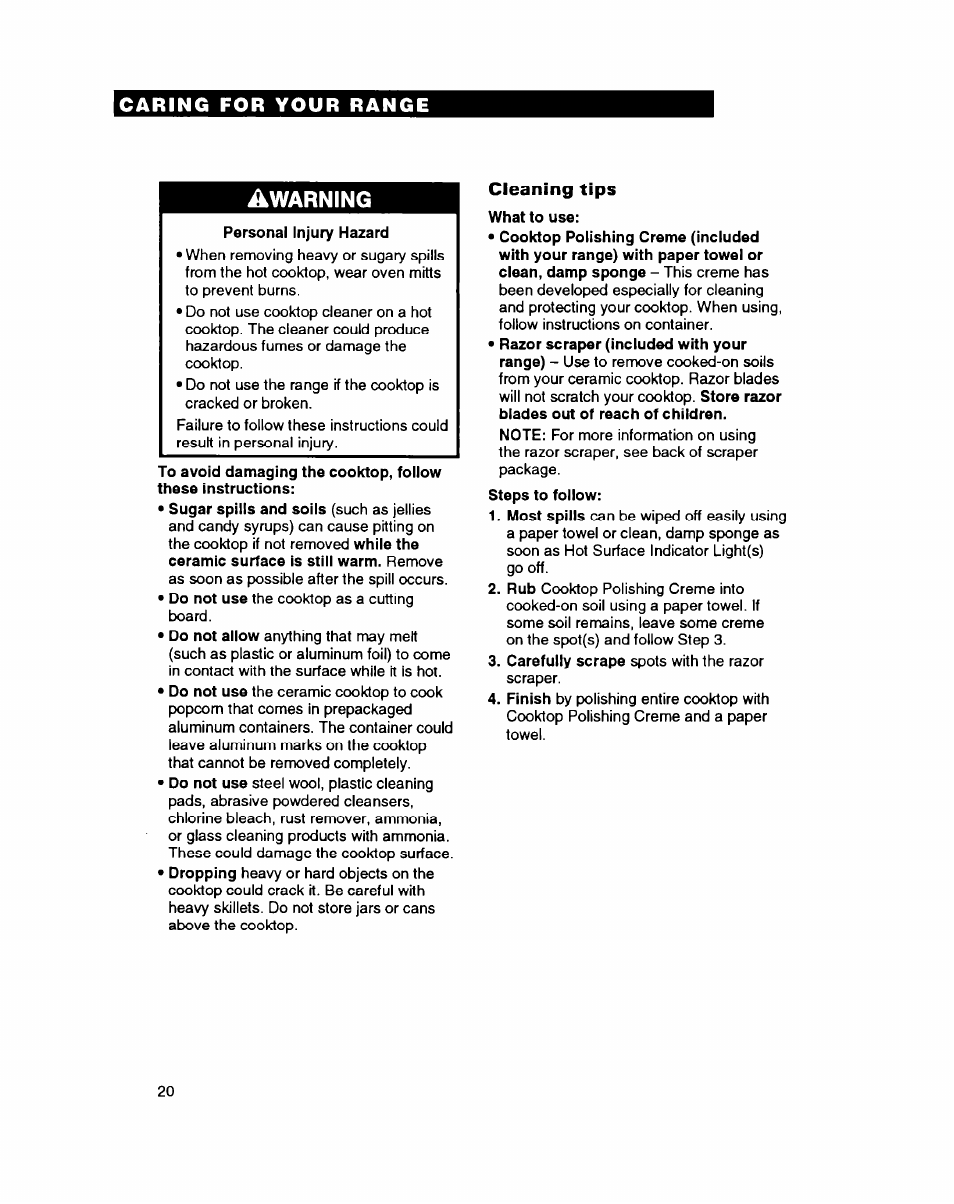 Cleaning tips, Warning | Whirlpool FEP314B User Manual | Page 20 / 28