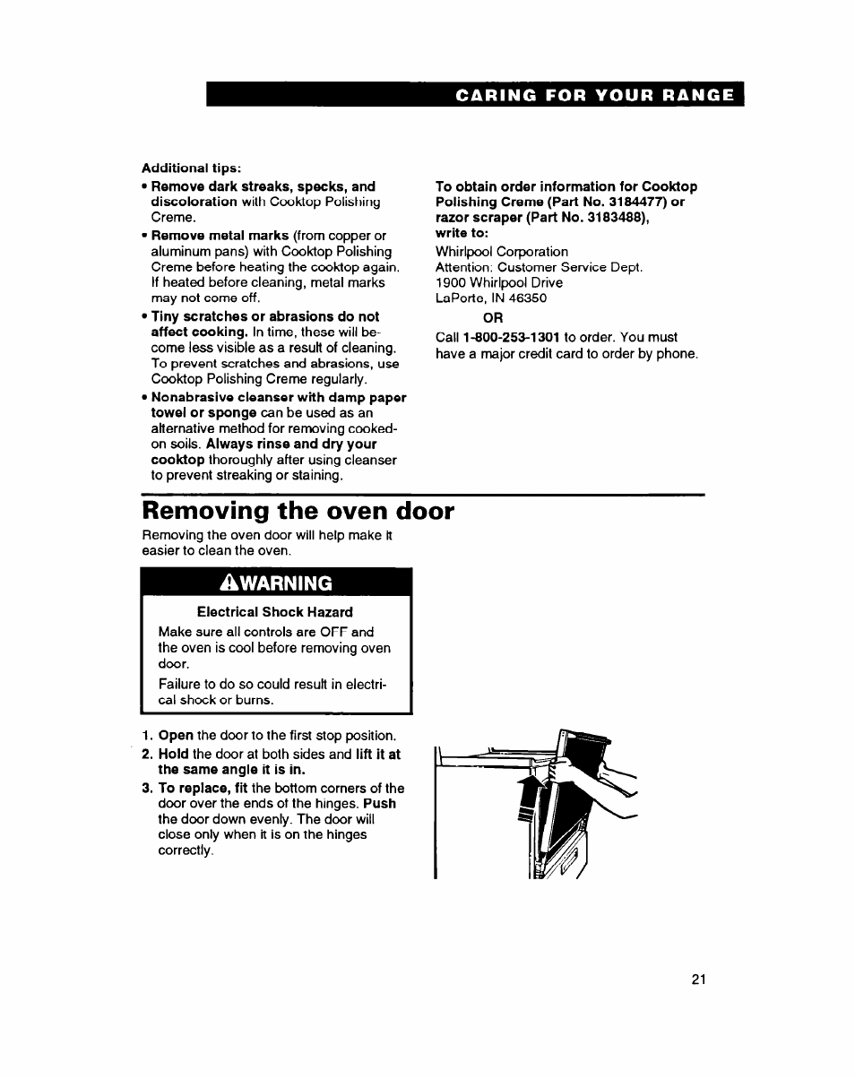 Removing the oven door, Warning | Whirlpool FEP314B User Manual | Page 21 / 28
