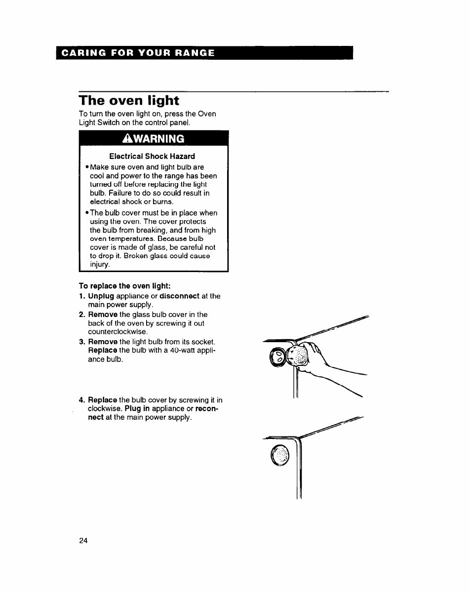 The oven light, Warning | Whirlpool FEP314B User Manual | Page 24 / 28