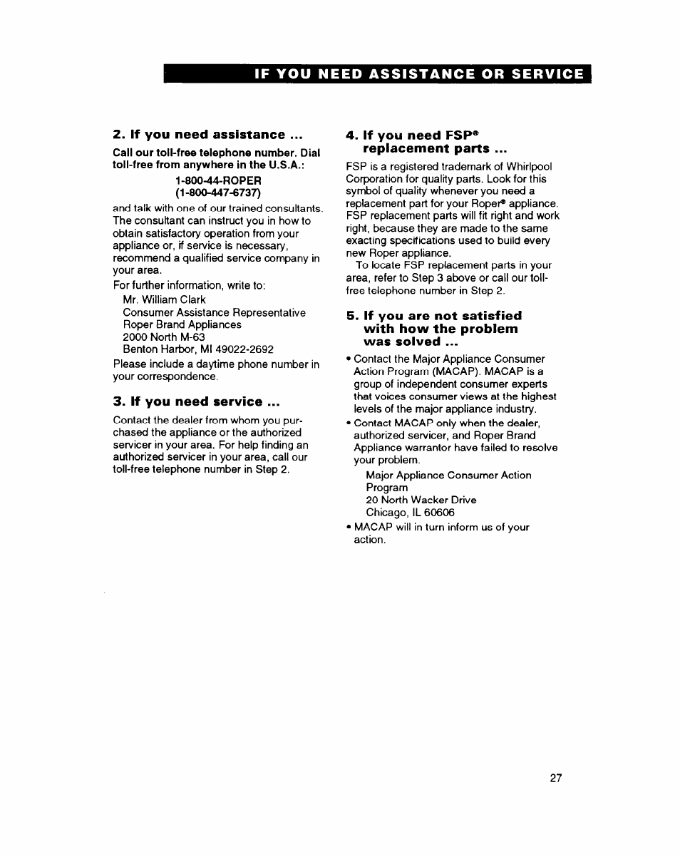 If you need assistance, If you need service, If you need fsp® replacement parts | Whirlpool FEP314B User Manual | Page 27 / 28