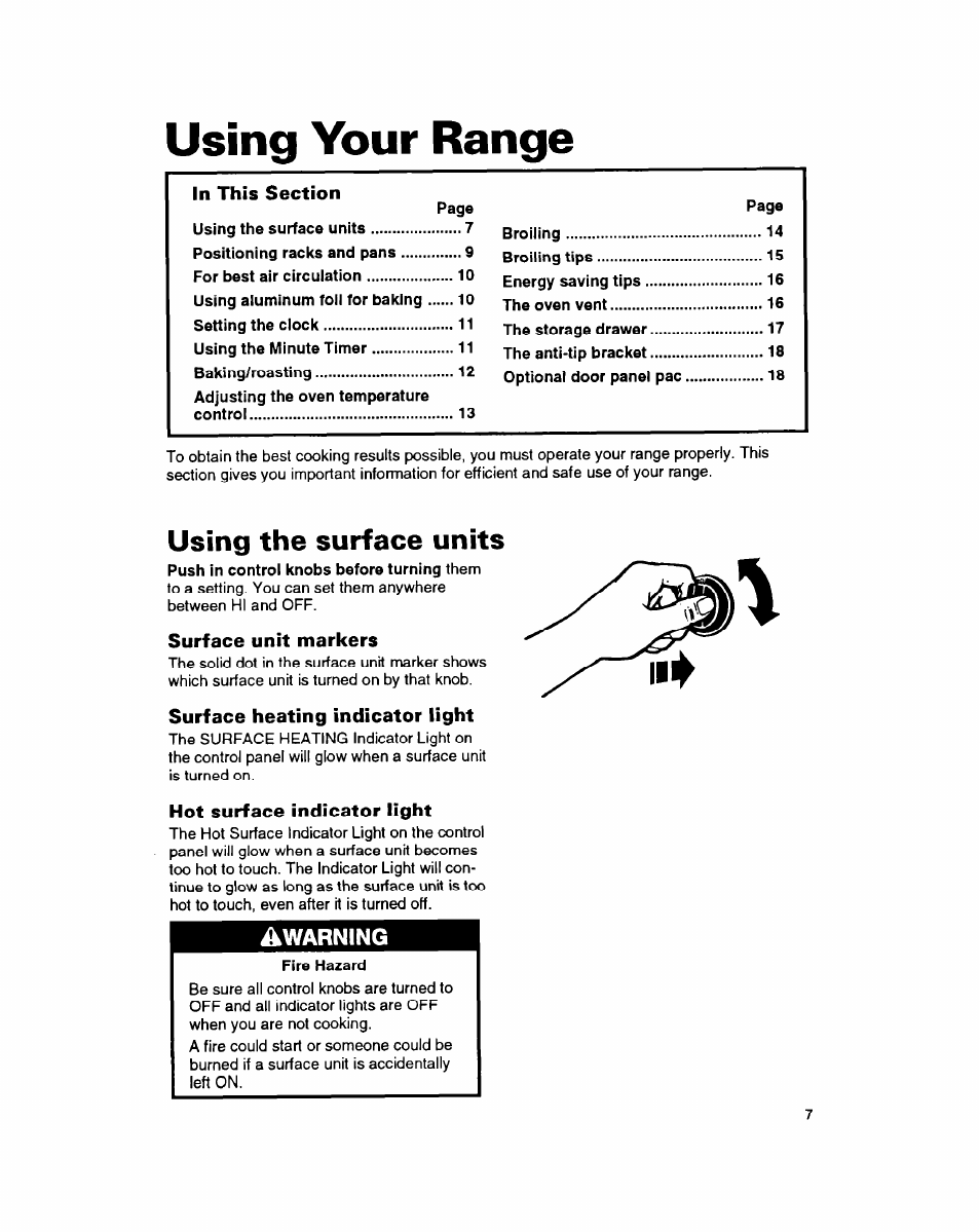 Using your range, In this section, Using the surface units | Surface unit markers, Surface heating indicator light, Hot surface indicator light, Warning | Whirlpool FEP314B User Manual | Page 7 / 28