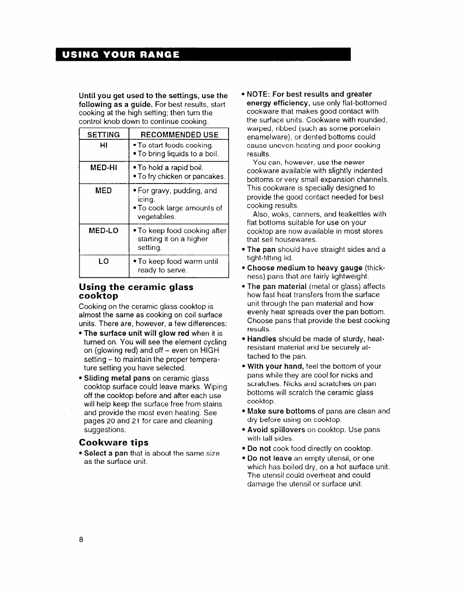 Using the ceramic glass cooktop, Cookware tips | Whirlpool FEP314B User Manual | Page 8 / 28