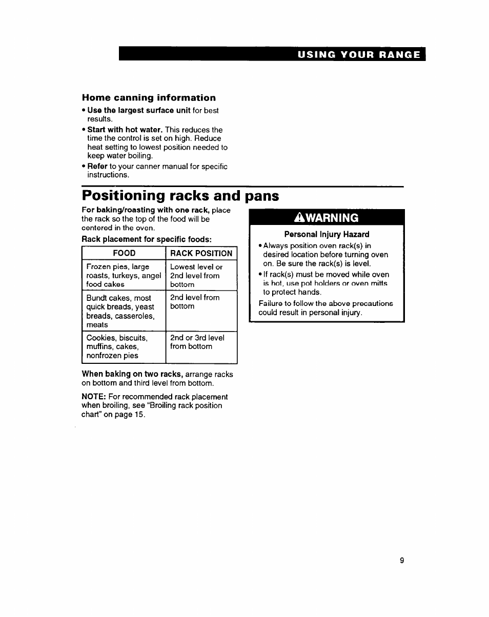 Home canning information, Positioning racks and pans, Warning | Whirlpool FEP314B User Manual | Page 9 / 28
