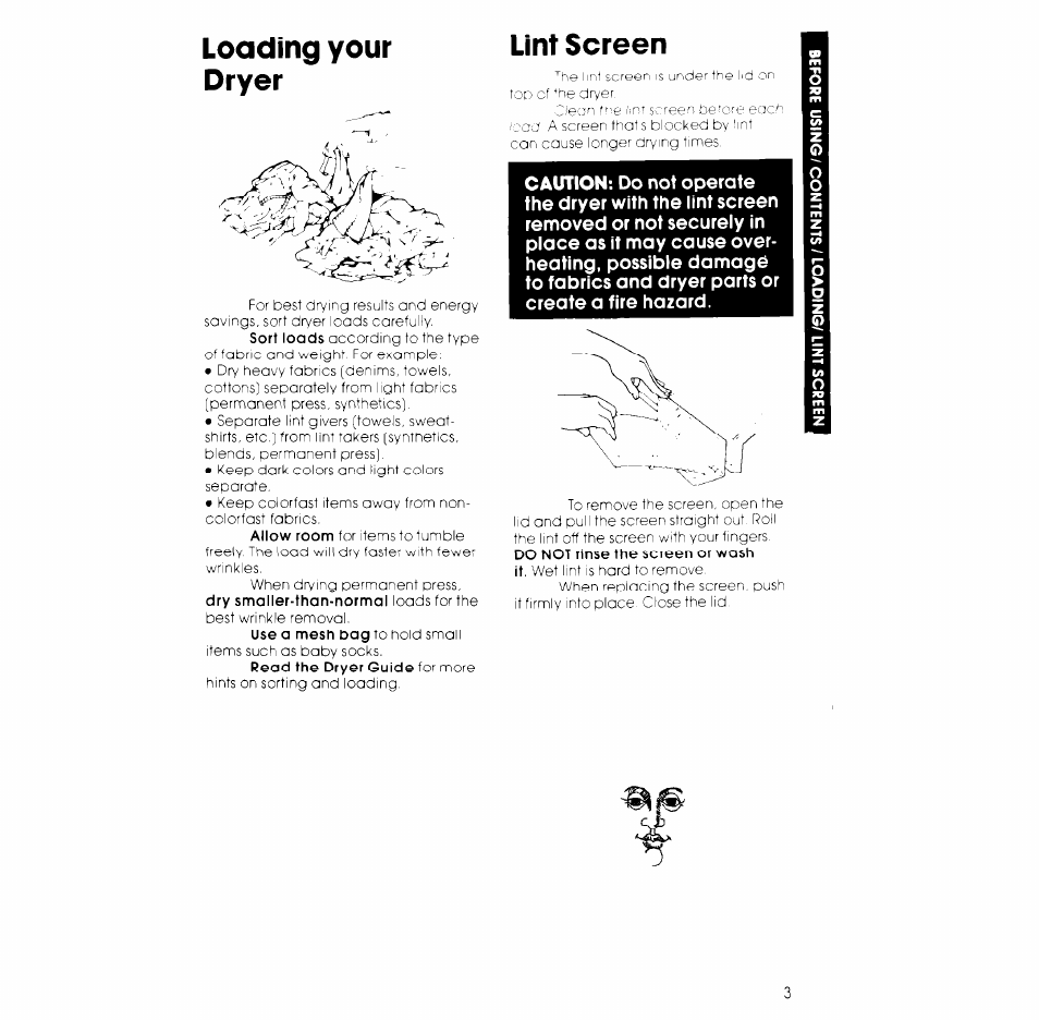 Loading your dryer, Lint screen | Whirlpool 3LE5710XK User Manual | Page 3 / 8