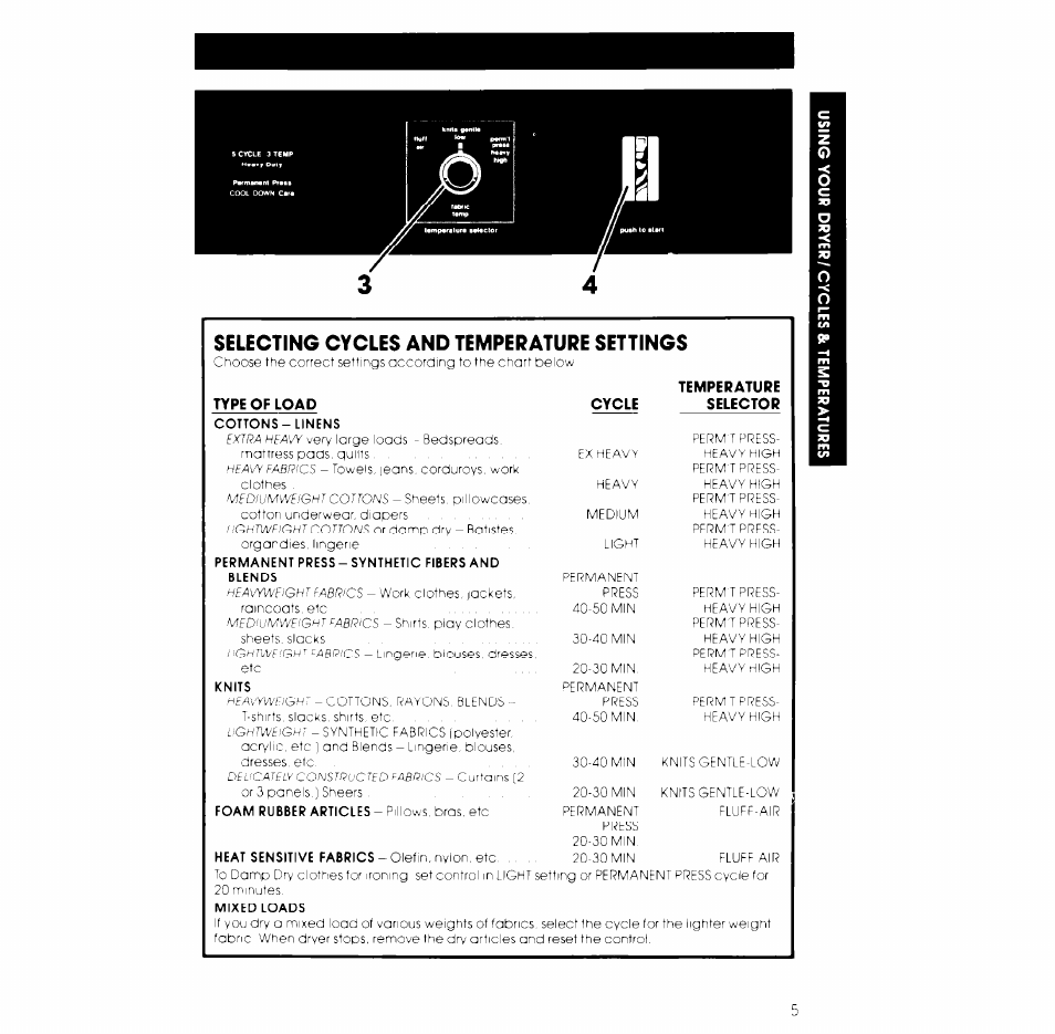 Selecting cycles and temperature settings | Whirlpool 3LE5710XK User Manual | Page 5 / 8