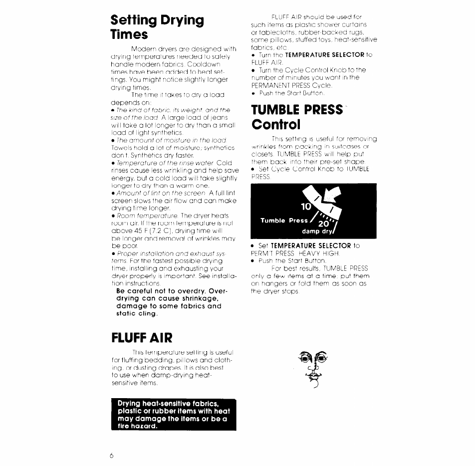 Setting drying times, Tumble press control, Fluff air | Whirlpool 3LE5710XK User Manual | Page 6 / 8