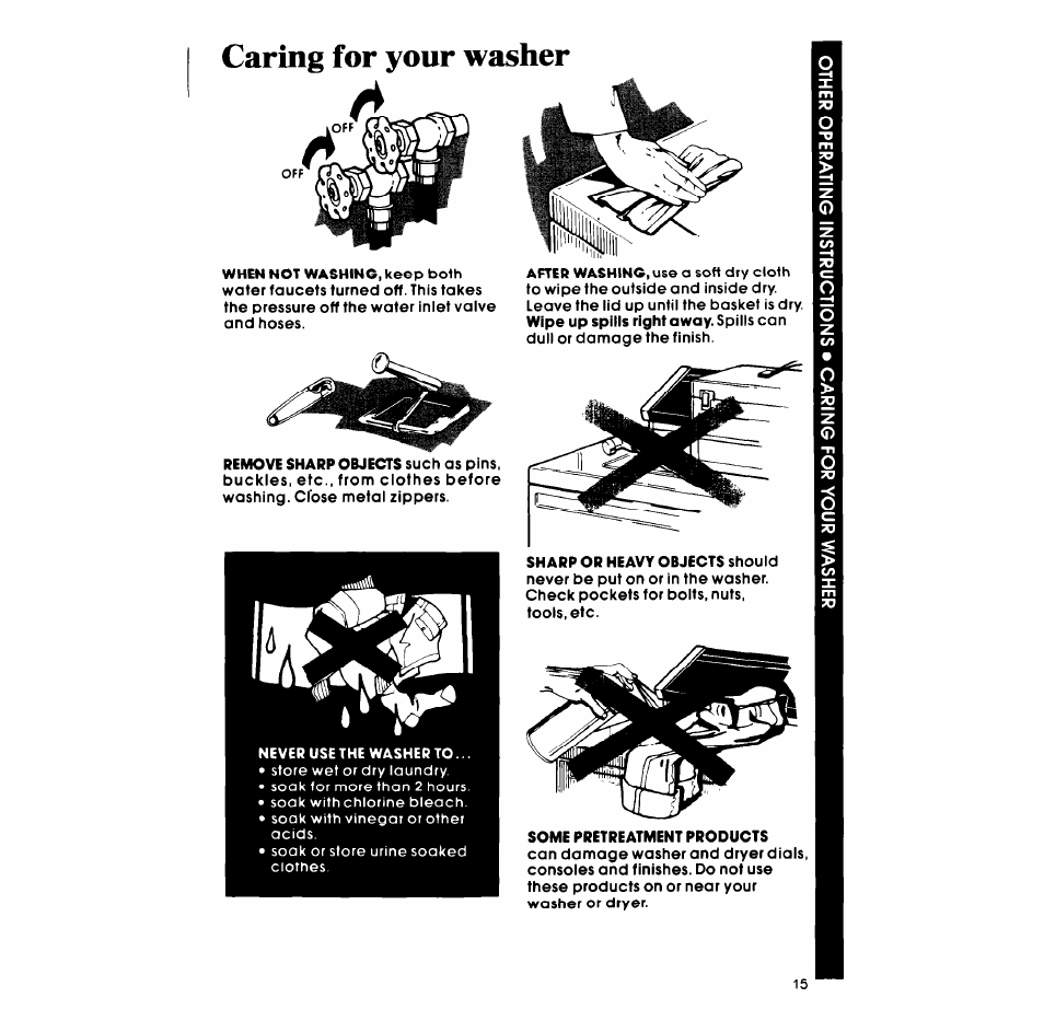 Caring for your washer | Whirlpool LA98OOXP User Manual | Page 15 / 20