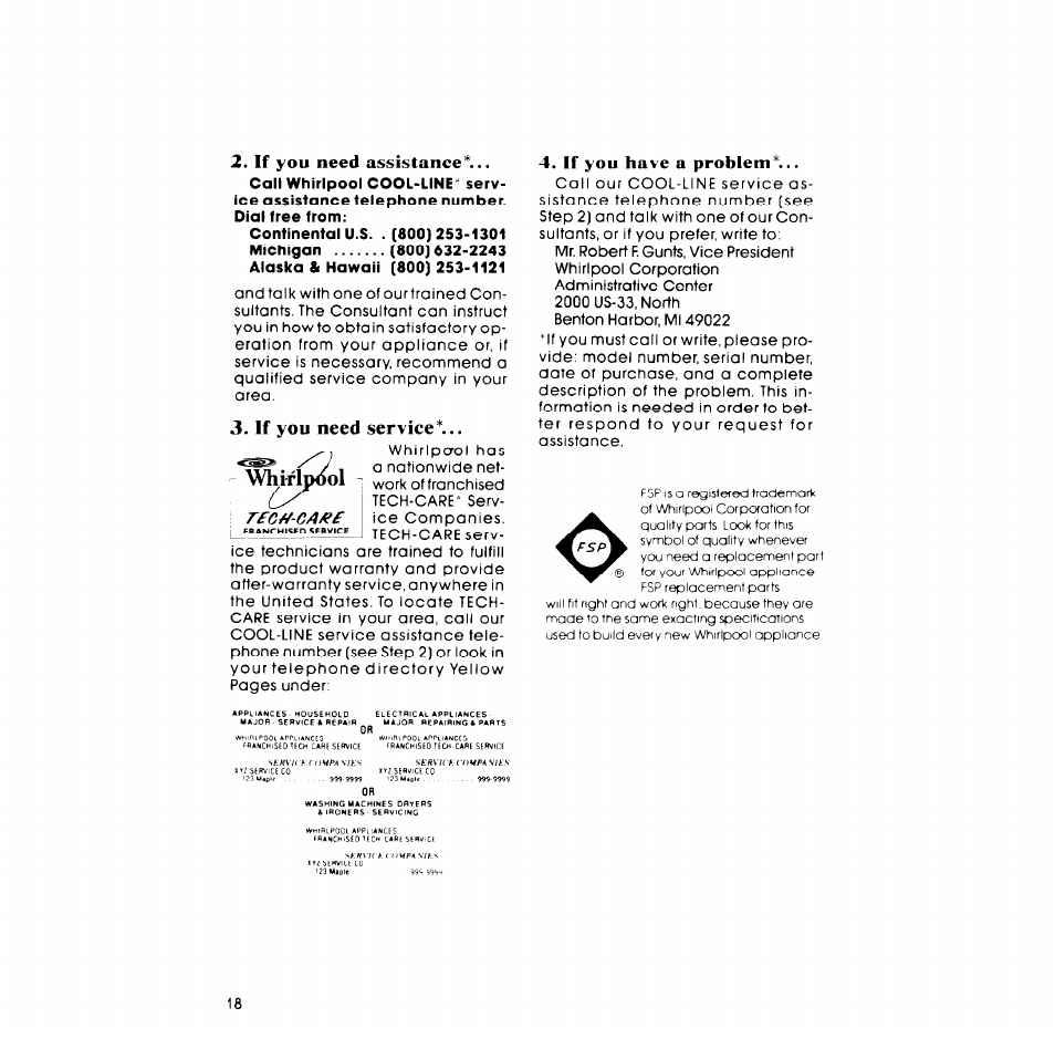 If you need service, If you have a problem, Whirip^l | If you need assistance, Rec^-caaie | Whirlpool LA98OOXP User Manual | Page 18 / 20