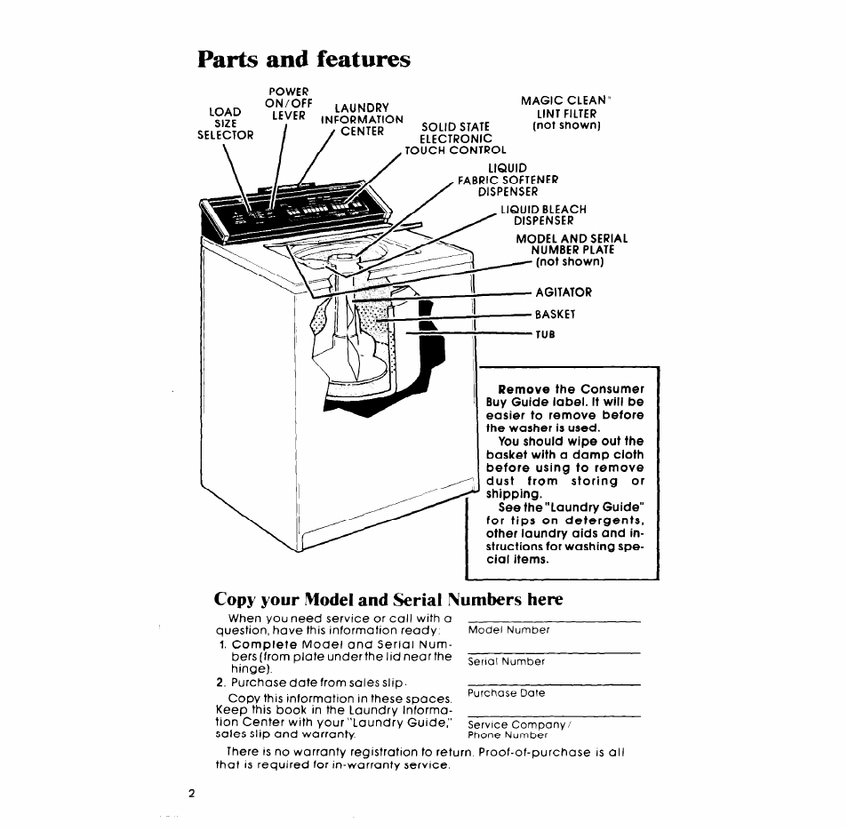 Parts and features, Copy your model and serial numbers here | Whirlpool LA98OOXP User Manual | Page 2 / 20