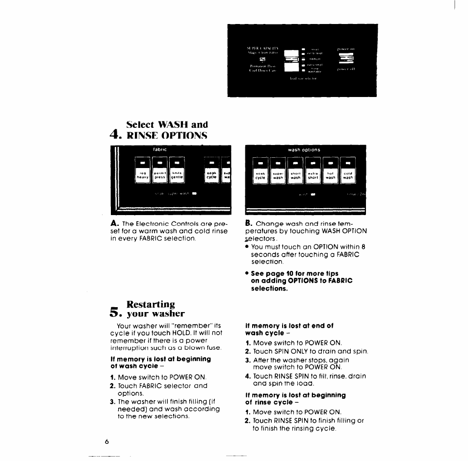 Select wash and, Rinse options, Restarting | Your washer | Whirlpool LA98OOXP User Manual | Page 6 / 20