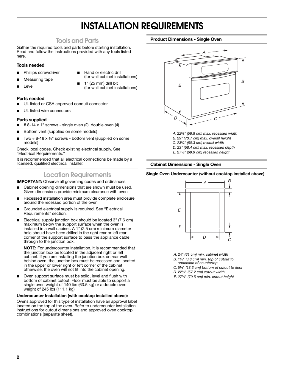 Installation requirements, Tools and parts, Location requirements | Whirlpool W10045010 User Manual | Page 2 / 8