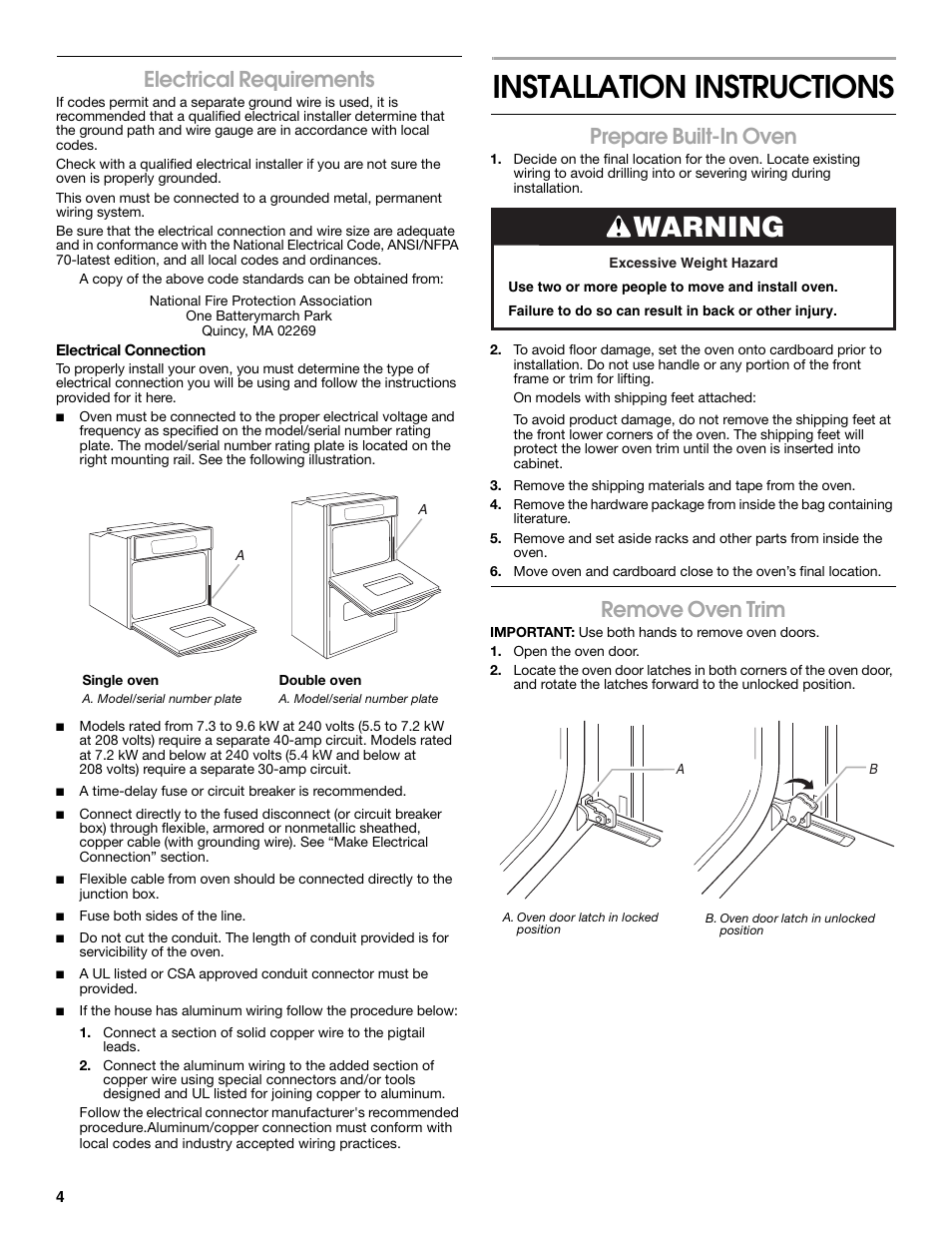 Installation instructions, Warning, Electrical requirements | Prepare built-in oven, Remove oven trim | Whirlpool W10045010 User Manual | Page 4 / 8