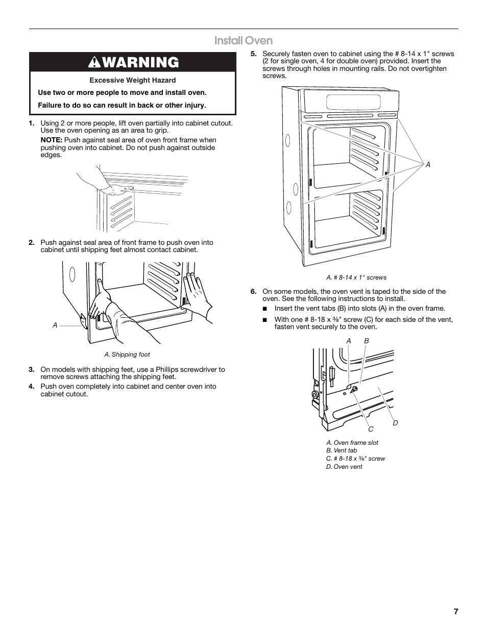 Warning, Install oven | Whirlpool W10045010 User Manual | Page 7 / 8