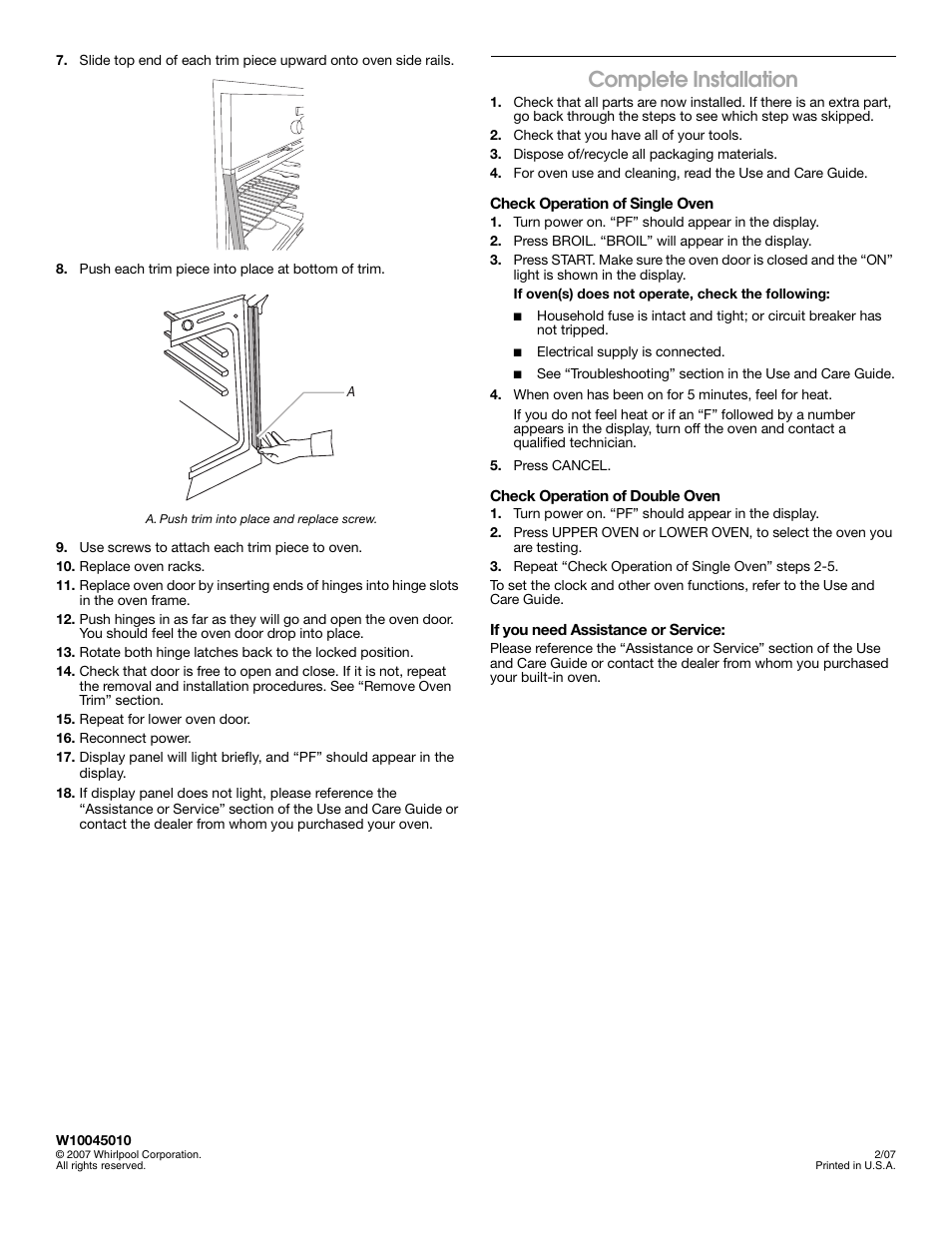 Complete installation | Whirlpool W10045010 User Manual | Page 8 / 8