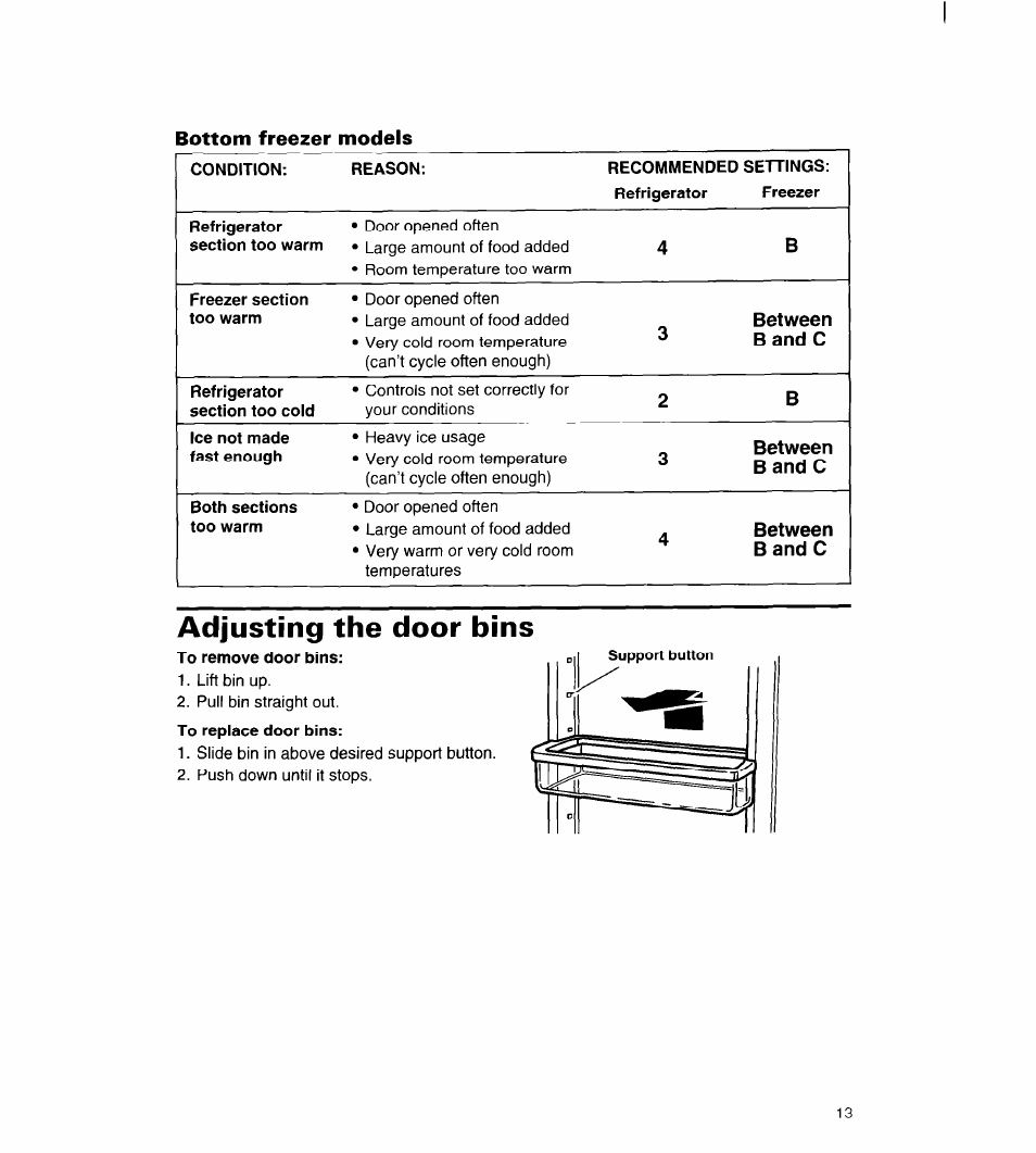 Adjusting the door bins, To remove door bins | Whirlpool UPRIGHT FREEZER User Manual | Page 14 / 36