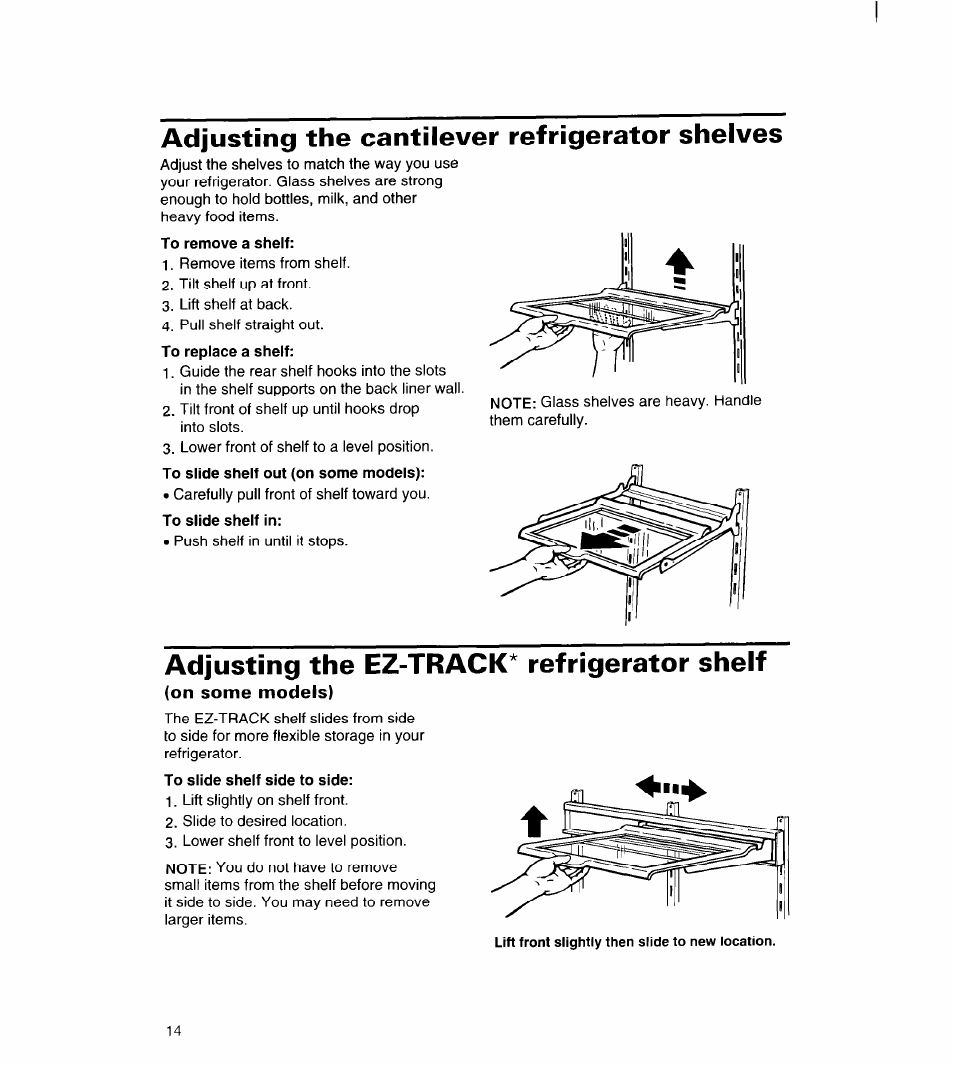 Adjusting the cantilever refrigerator shelves, Adjusting the ez-track* refrigerator shelf, On some models) | Adjusting the ez-track, Refrigerator shelf | Whirlpool UPRIGHT FREEZER User Manual | Page 15 / 36